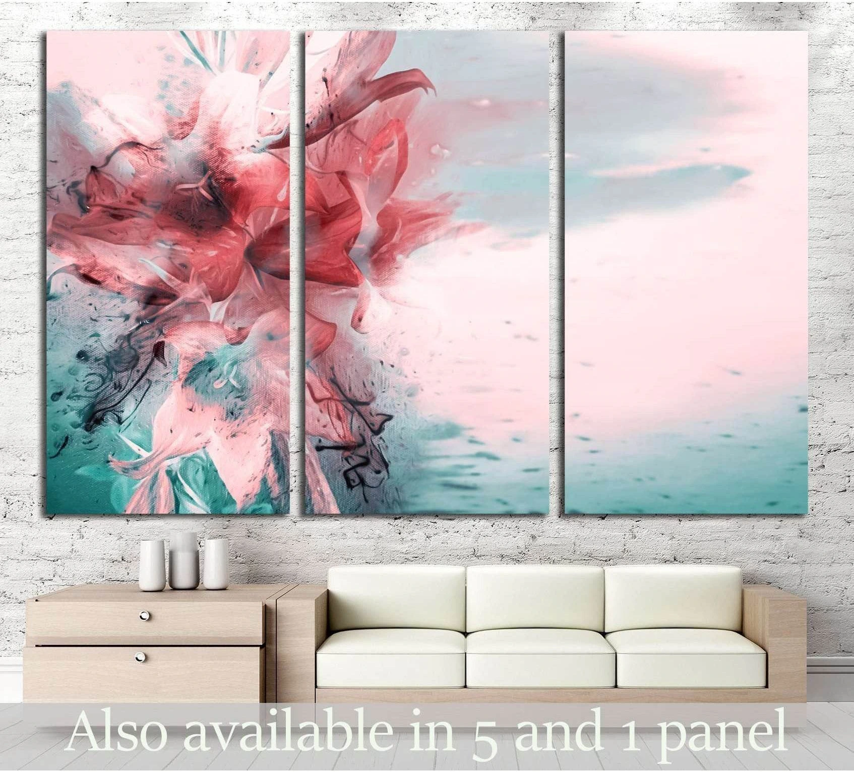 Abstract lily bouquet canvas print in blush pink and aqua tones displayed as triptych above a sofa