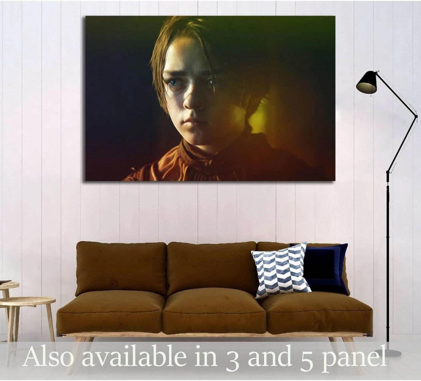 Arya Stark canvas print with moody split portrait in dark green and amber tones above a sofa