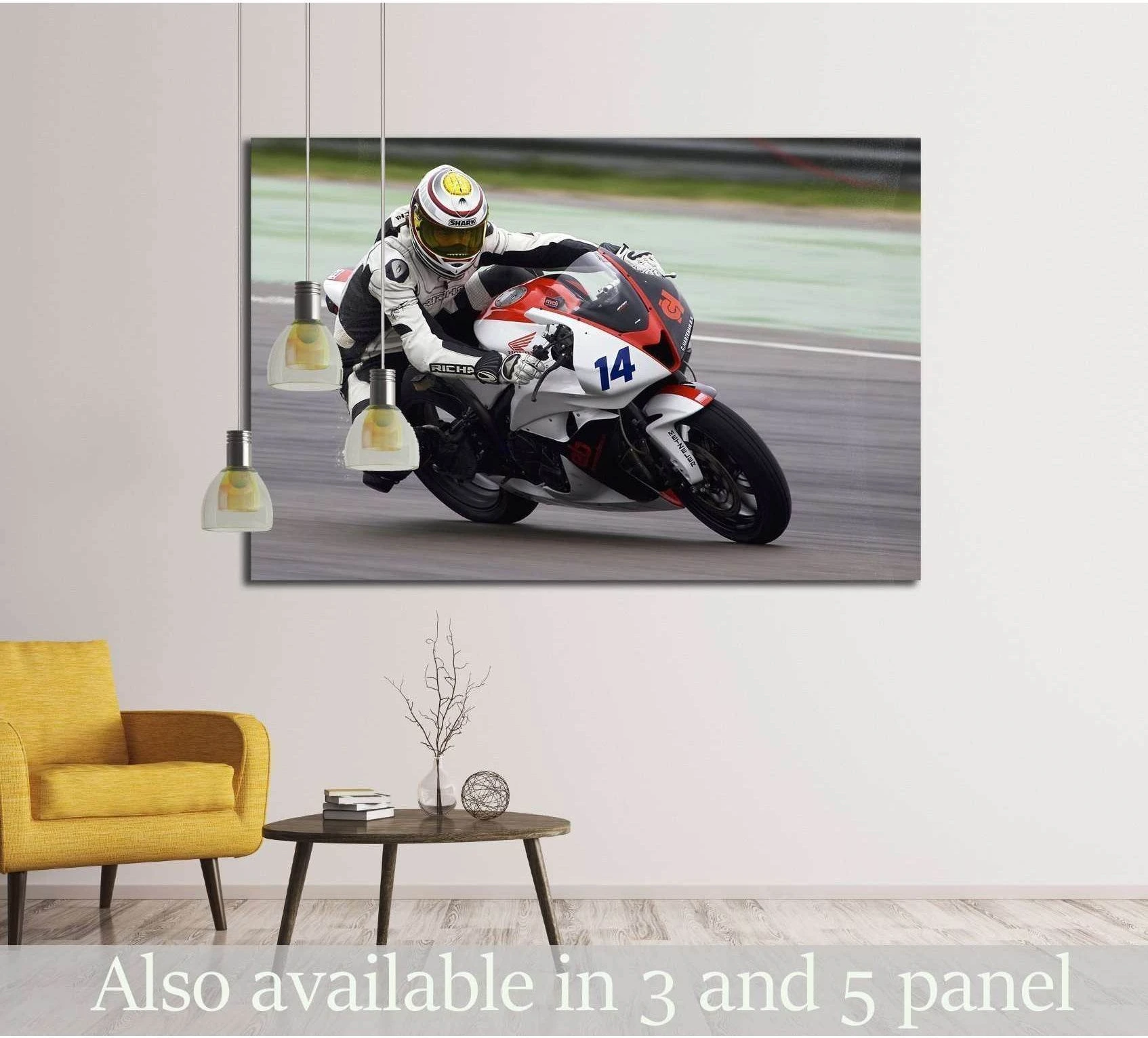 Motorcycle racing canvas print with rider leaning into a track corner, displayed in a modern living room