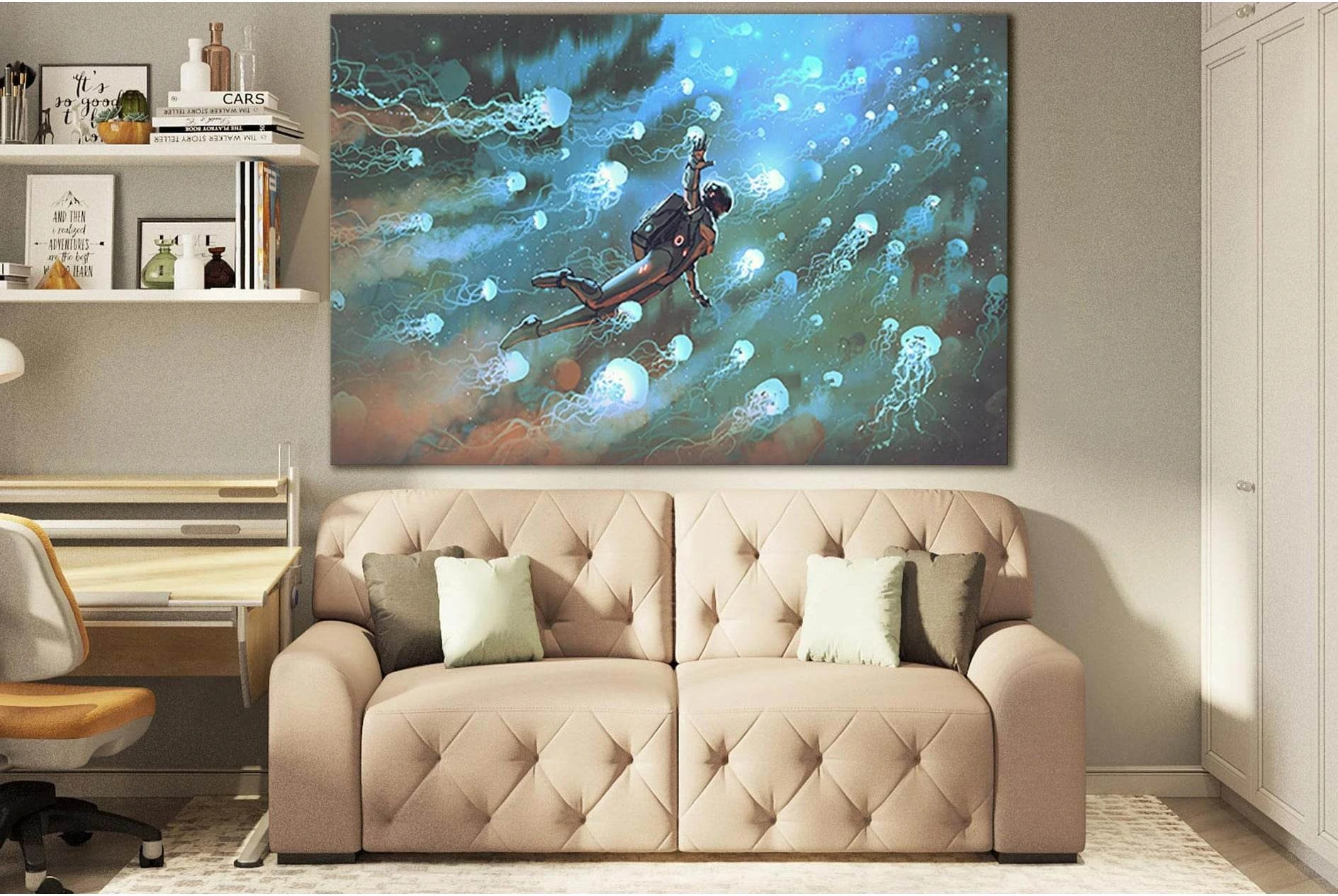 Astronaut With Jellyfishes In Space №SL1252 Ready to Hang Canvas Print - Zellart Canvas Prints 0new, ALL_Products, Fantasy And Sci Fi Wall Art
