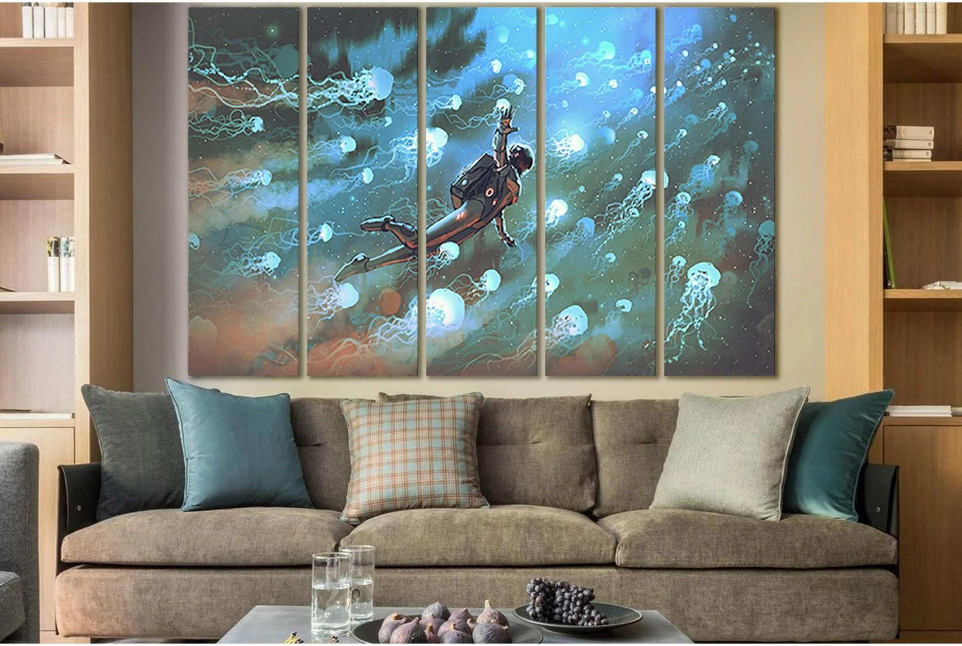 Astronaut With Jellyfishes In Space №SL1252 Ready to Hang Canvas Print - Zellart Canvas Prints 0new, ALL_Products, Fantasy And Sci Fi Wall Art