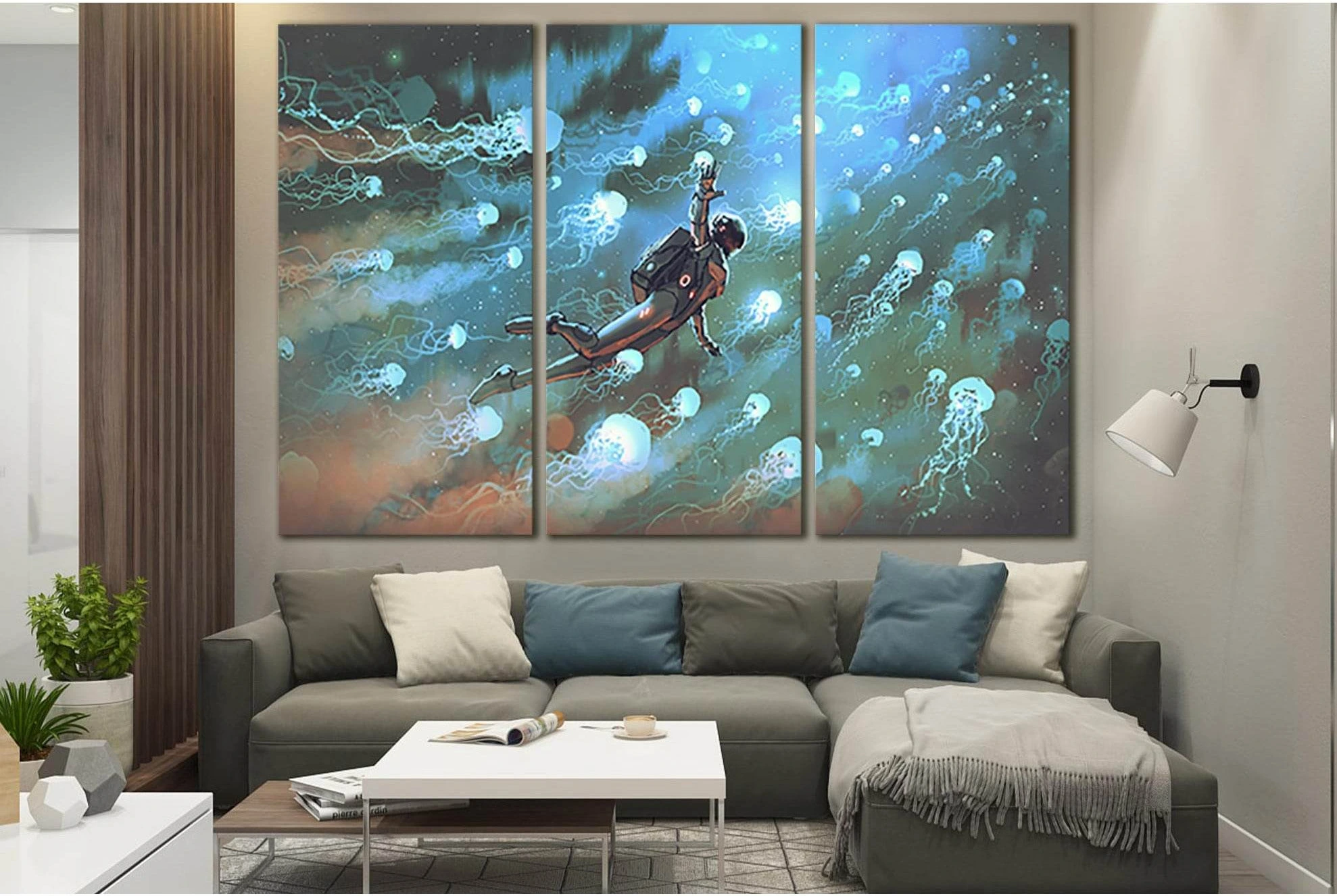 Astronaut With Jellyfishes In Space №SL1252 Ready to Hang Canvas Print - Zellart Canvas Prints 0new, ALL_Products, Fantasy And Sci Fi Wall Art