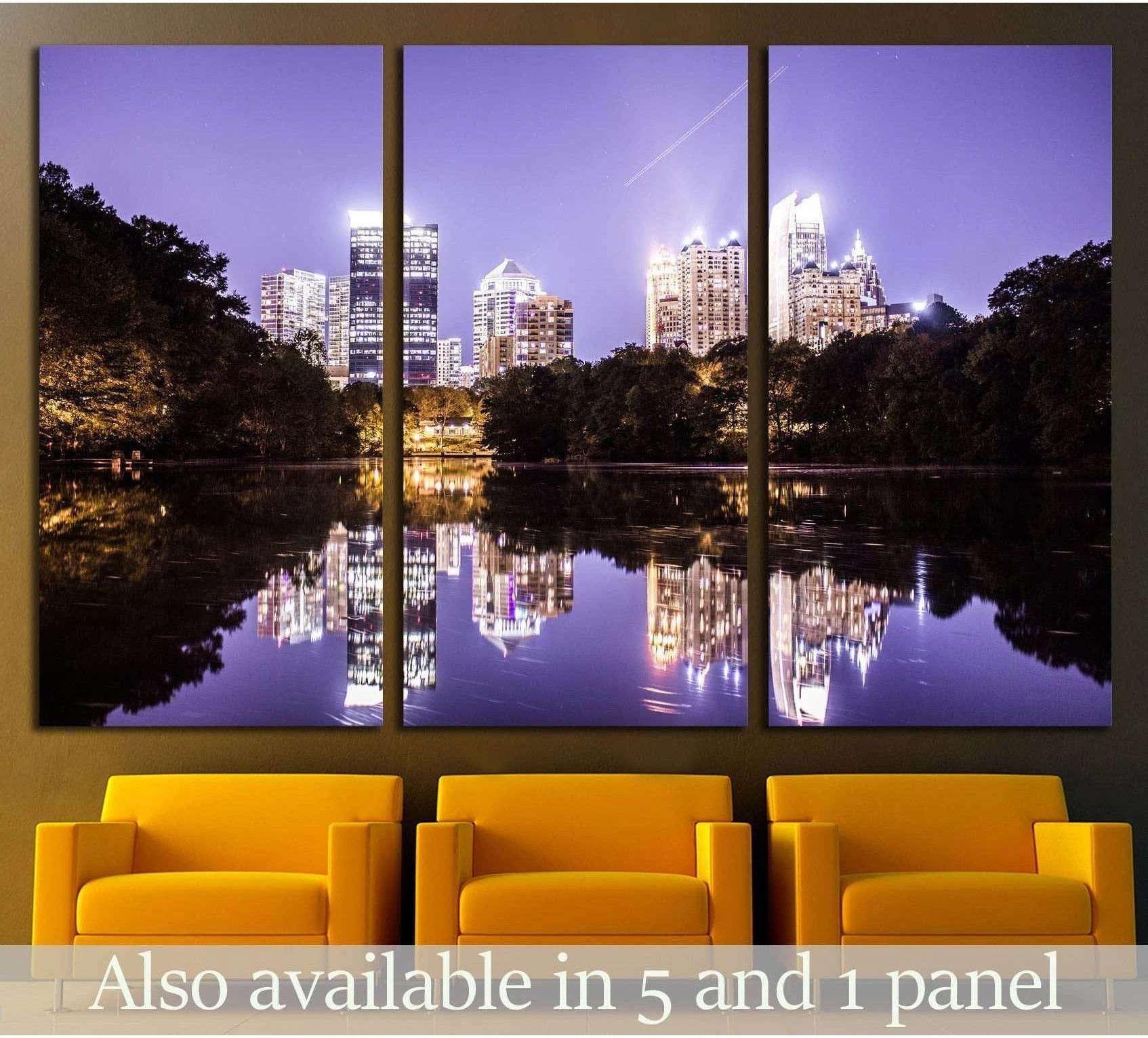 Atlanta skyline canvas print with purple night reflections over a lake in triptych wall art