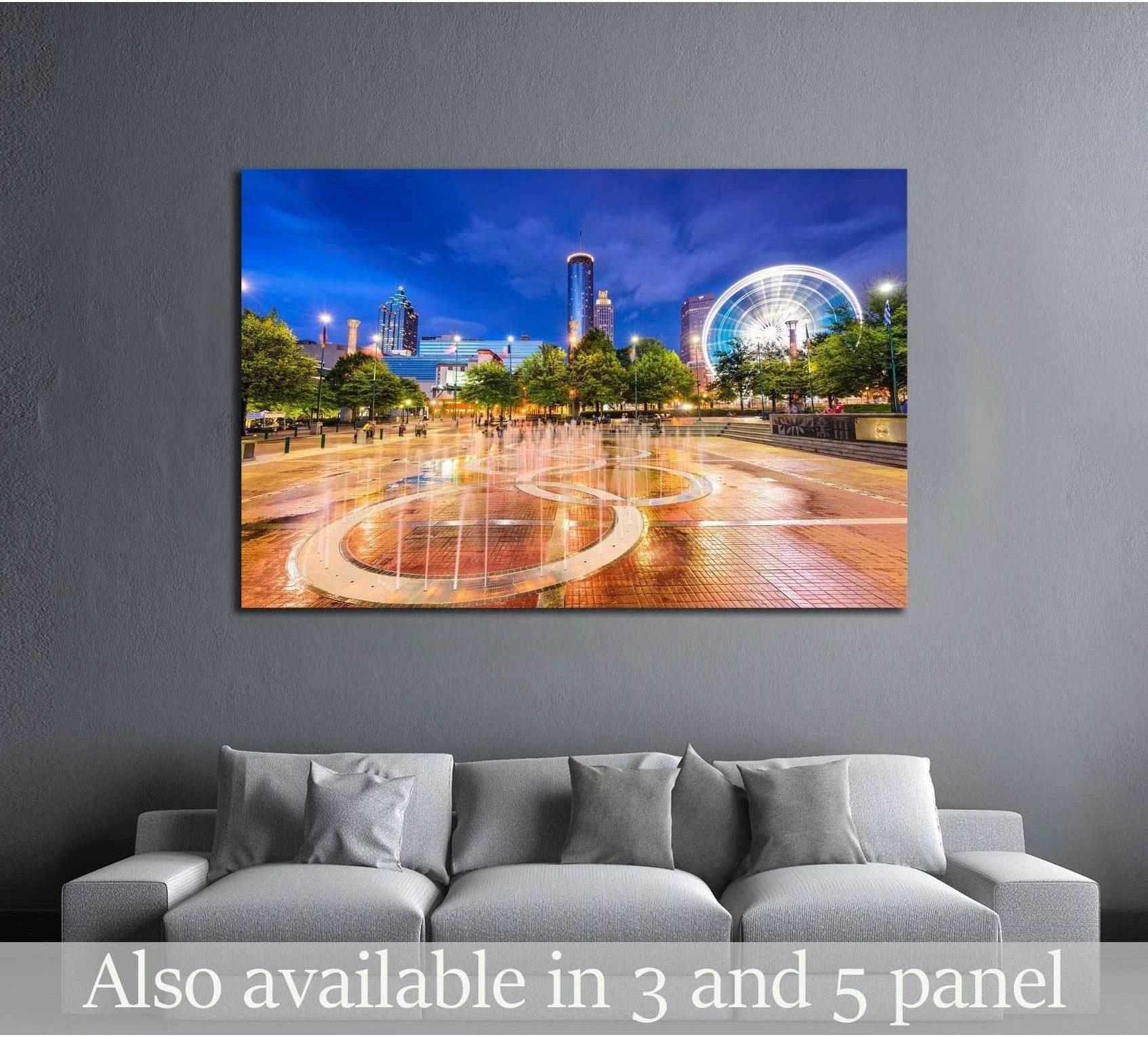Atlanta park fountain canvas print with SkyView wheel at night above a sofa