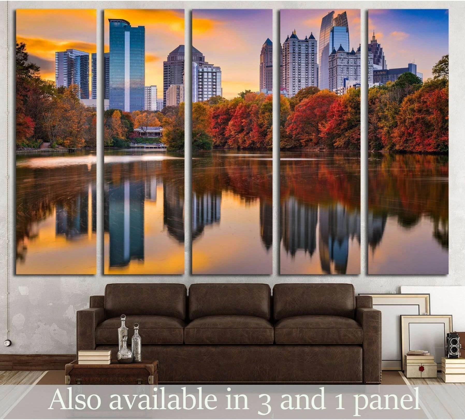Atlanta skyline canvas print with autumn trees and lake reflection above a brown sofa