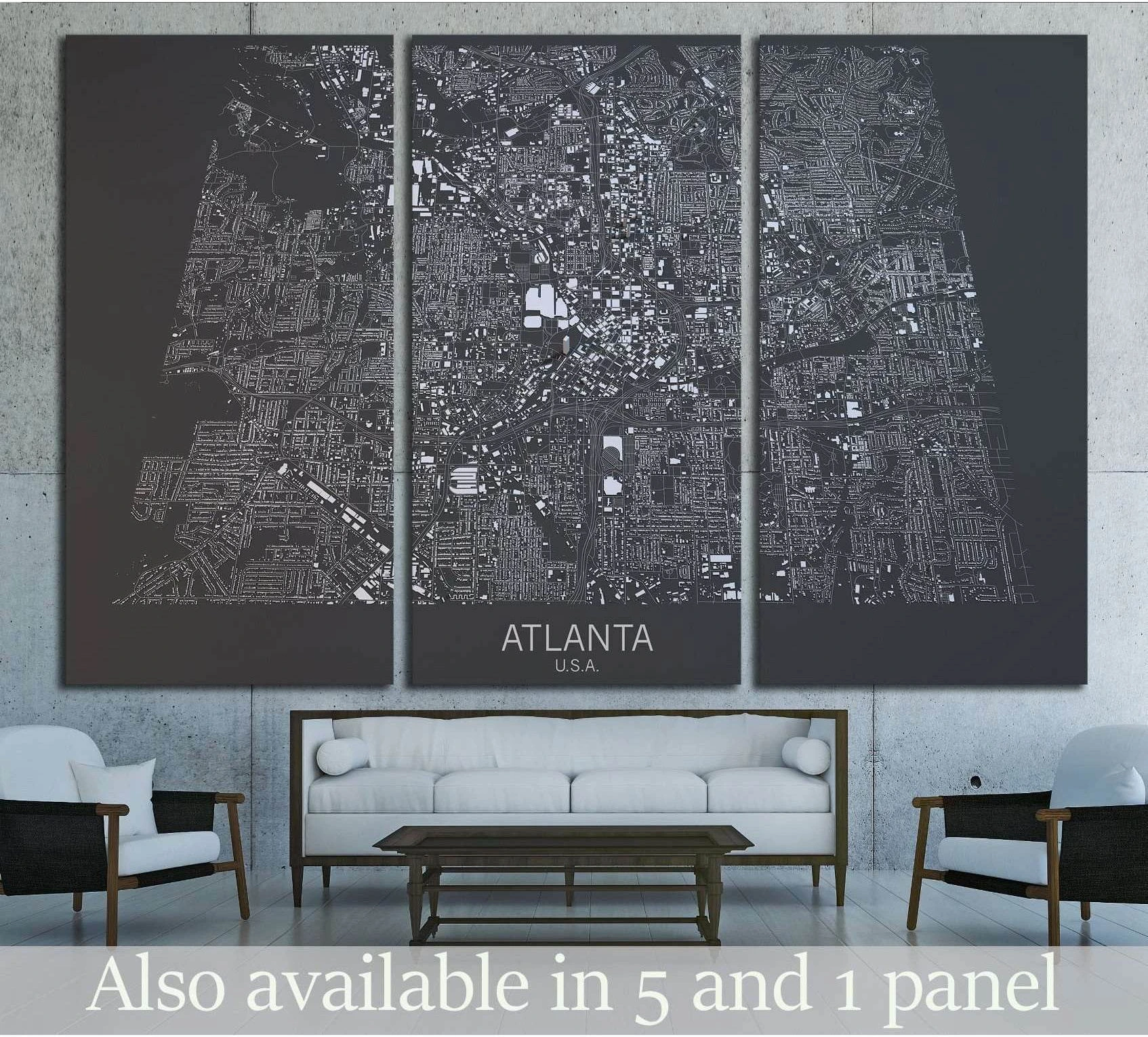 Atlanta satellite map triptych canvas print in black and gray above a sofa in a modern living room