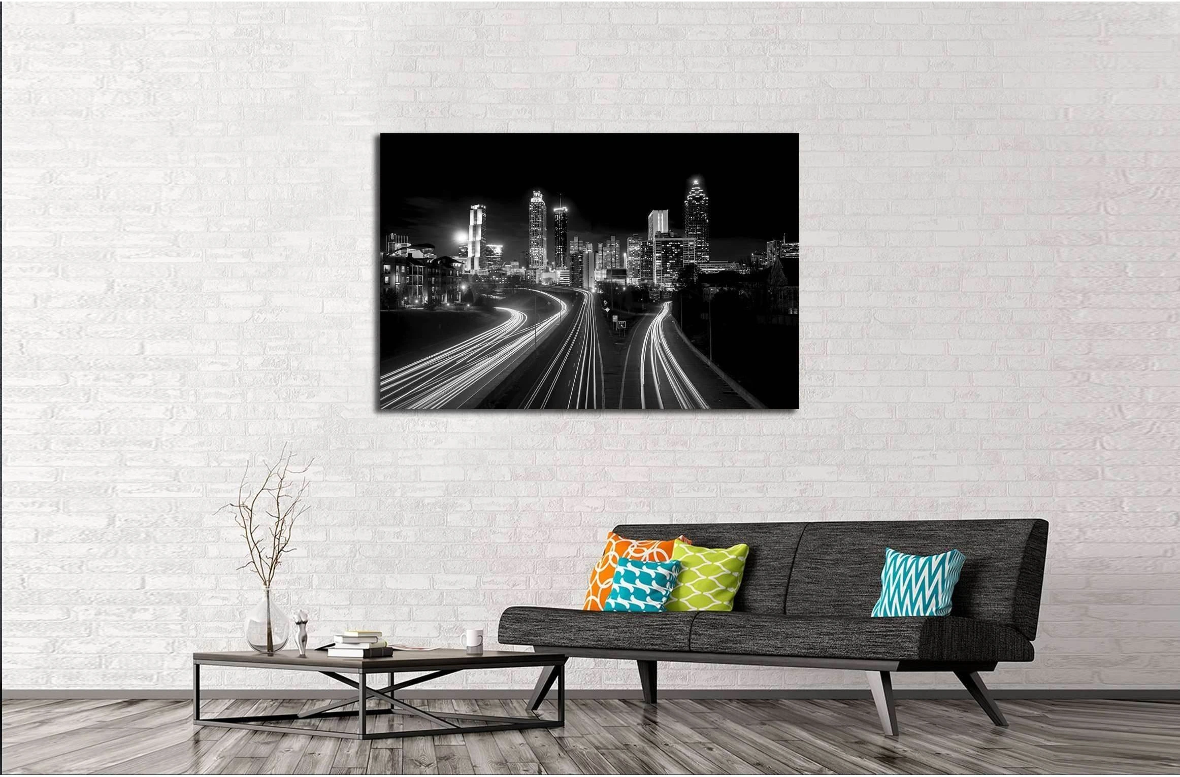 Atlanta Skyline at night, high contrast black and white with light trails №2947 Ready to Hang Canvas Print - Zellart Canvas Prints ALL_Products, s-2947