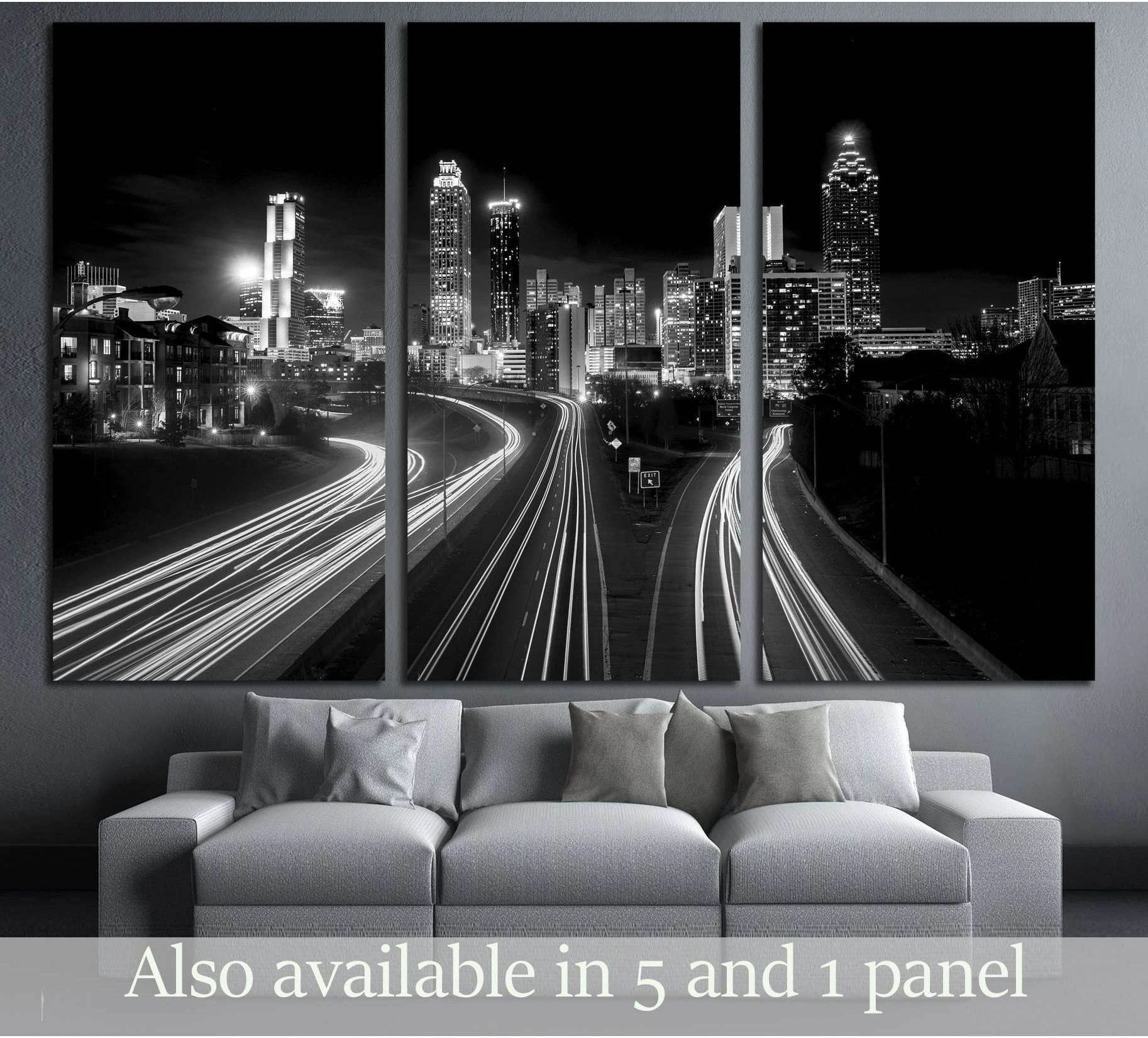 Atlanta Skyline at night, high contrast black and white with light trails №2947 Ready to Hang Canvas Print - Zellart Canvas Prints ALL_Products, s-2947