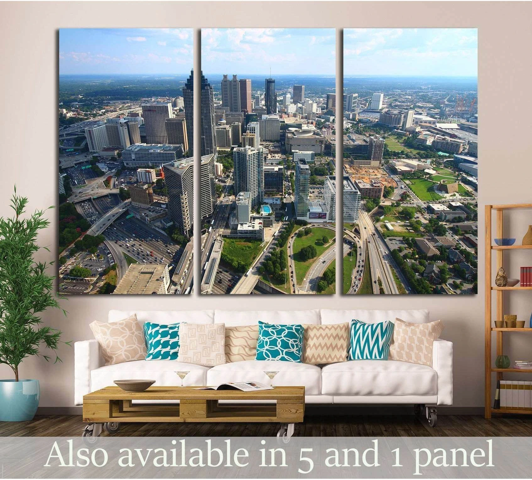 Atlanta skyline triptych canvas print above sofa in a modern living room
