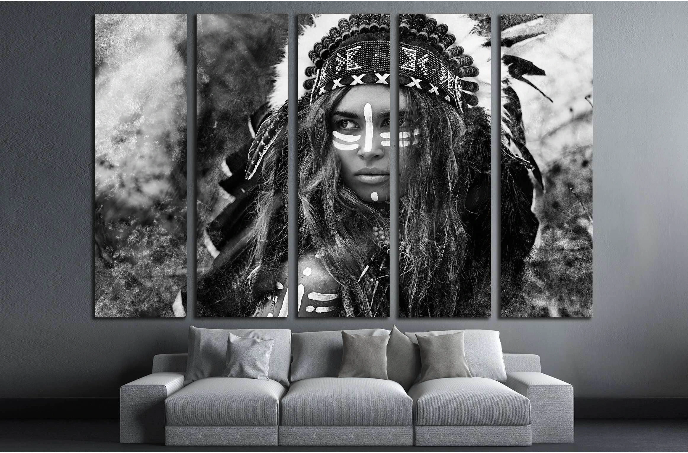 Attractive young woman in chieftain. Black and white portrait. Indian style №2769 Ready to Hang Canvas Print - Zellart Canvas Prints ALL_Products, s-2769