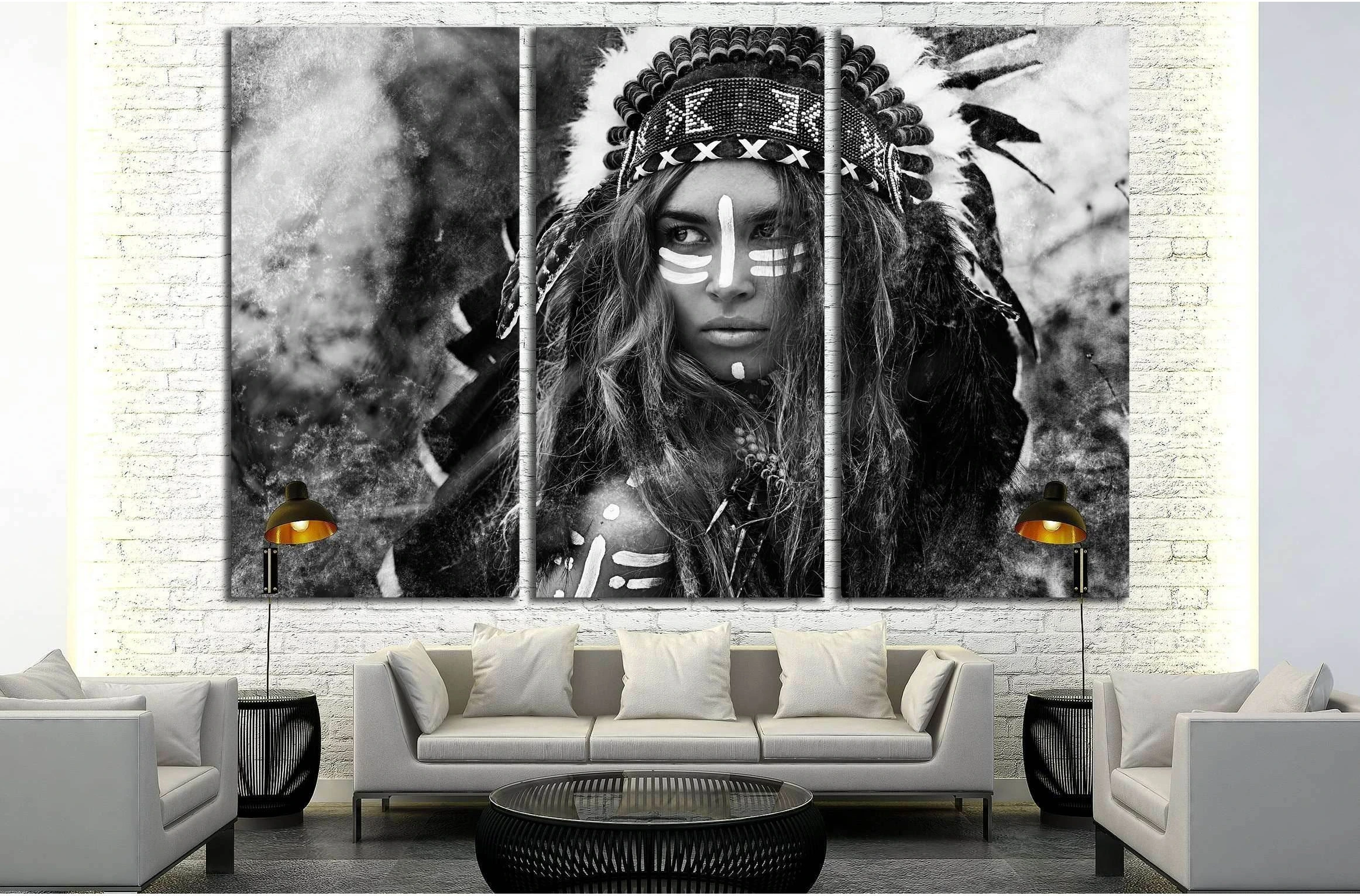 Attractive young woman in chieftain. Black and white portrait. Indian style №2769 Ready to Hang Canvas Print - Zellart Canvas Prints ALL_Products, s-2769