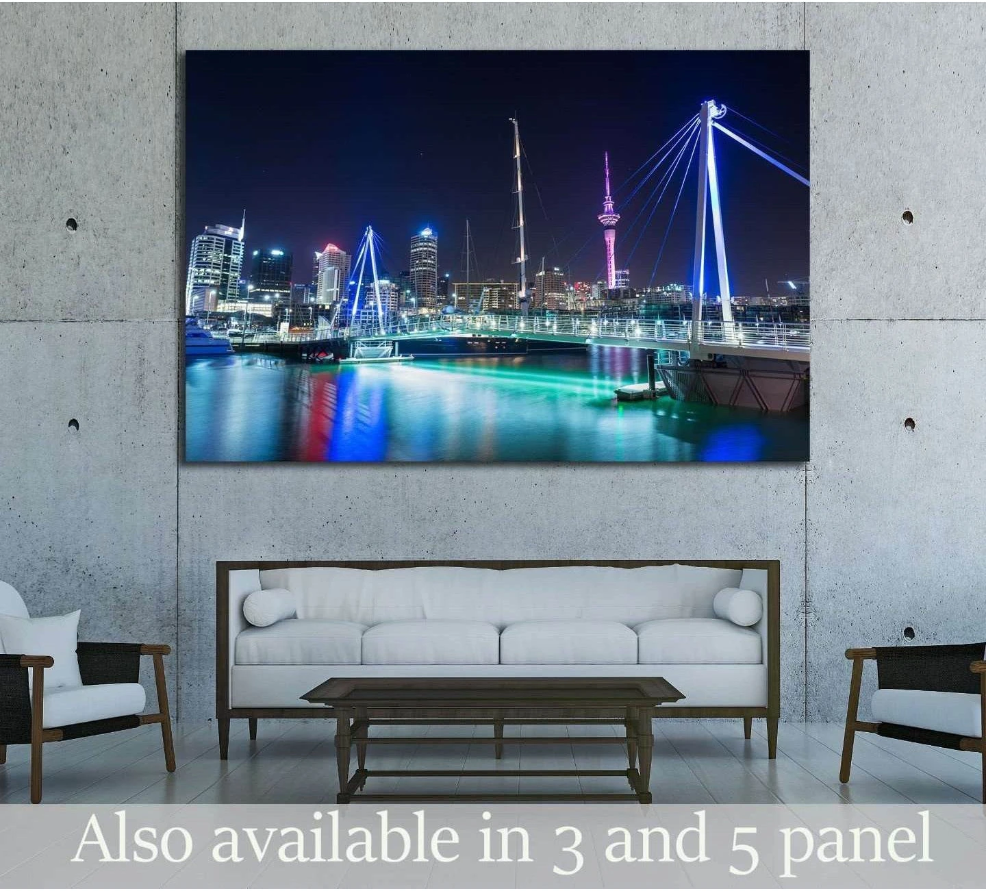 Auckland skyline canvas print with Sky Tower at night displayed above sofa in a modern living room