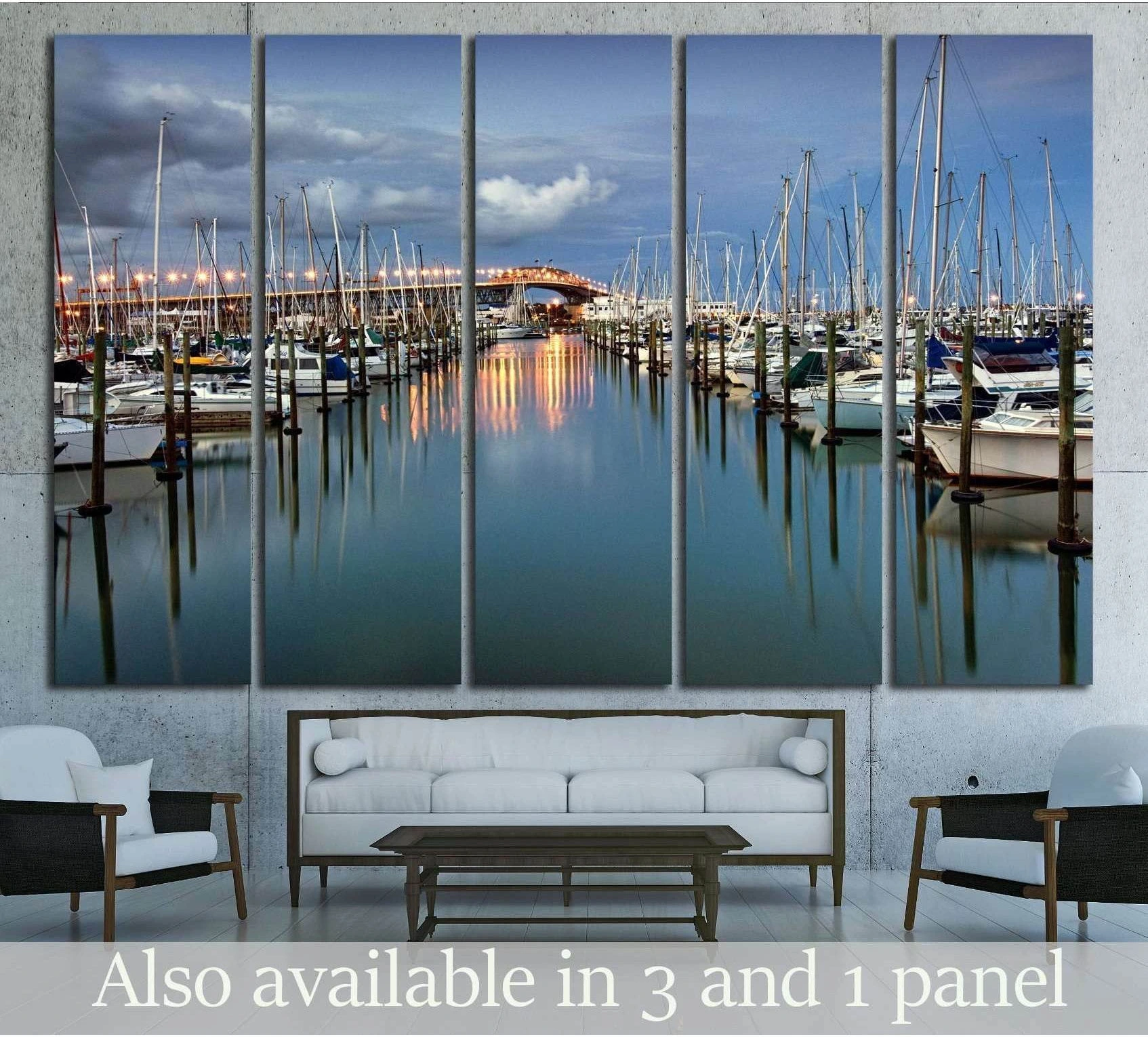 Auckland Harbour Bridge canvas print with marina sailboats at dusk above a sofa