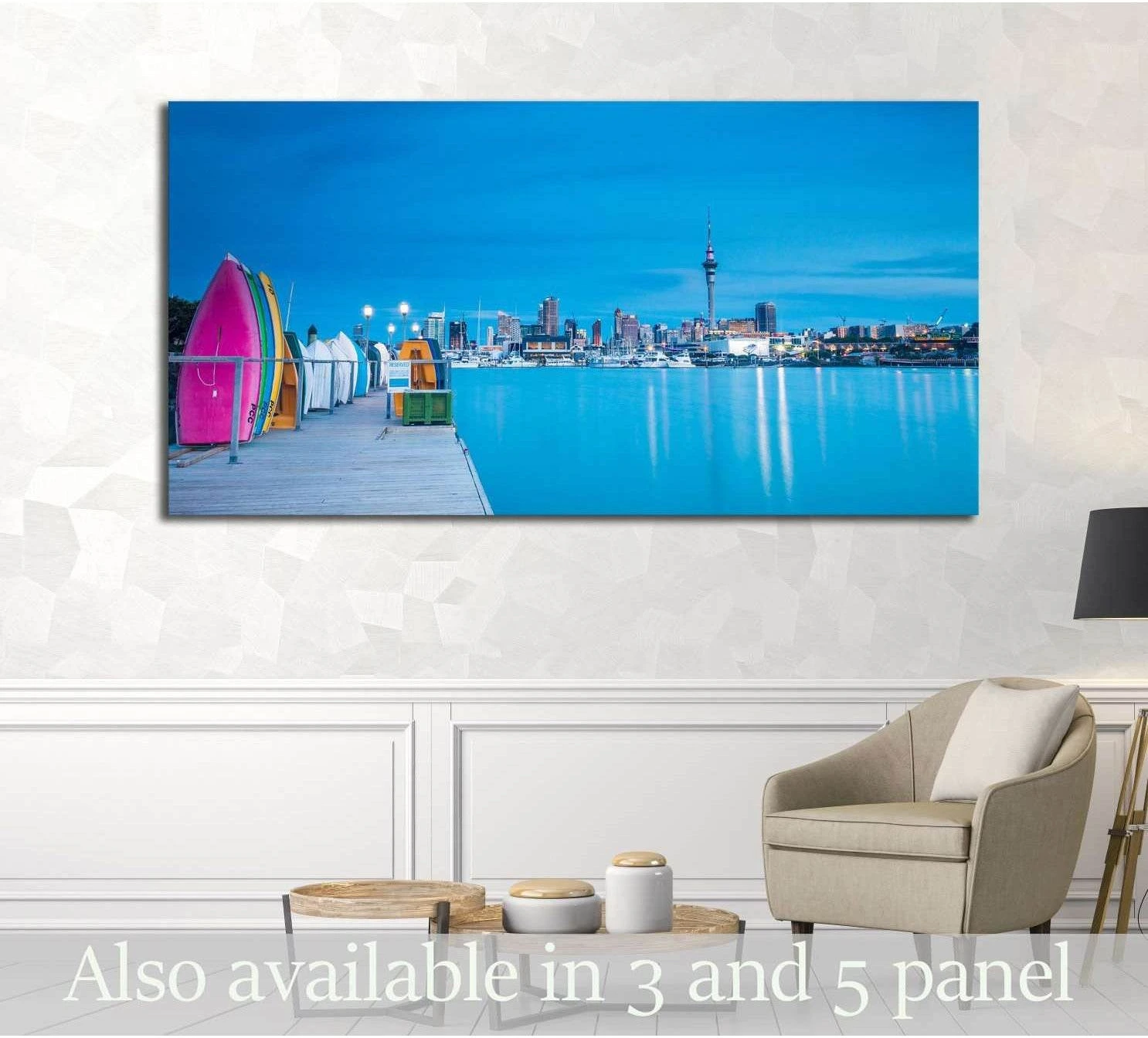 Auckland skyline canvas print with Sky Tower, harbor reflections, and colorful boats at blue hour