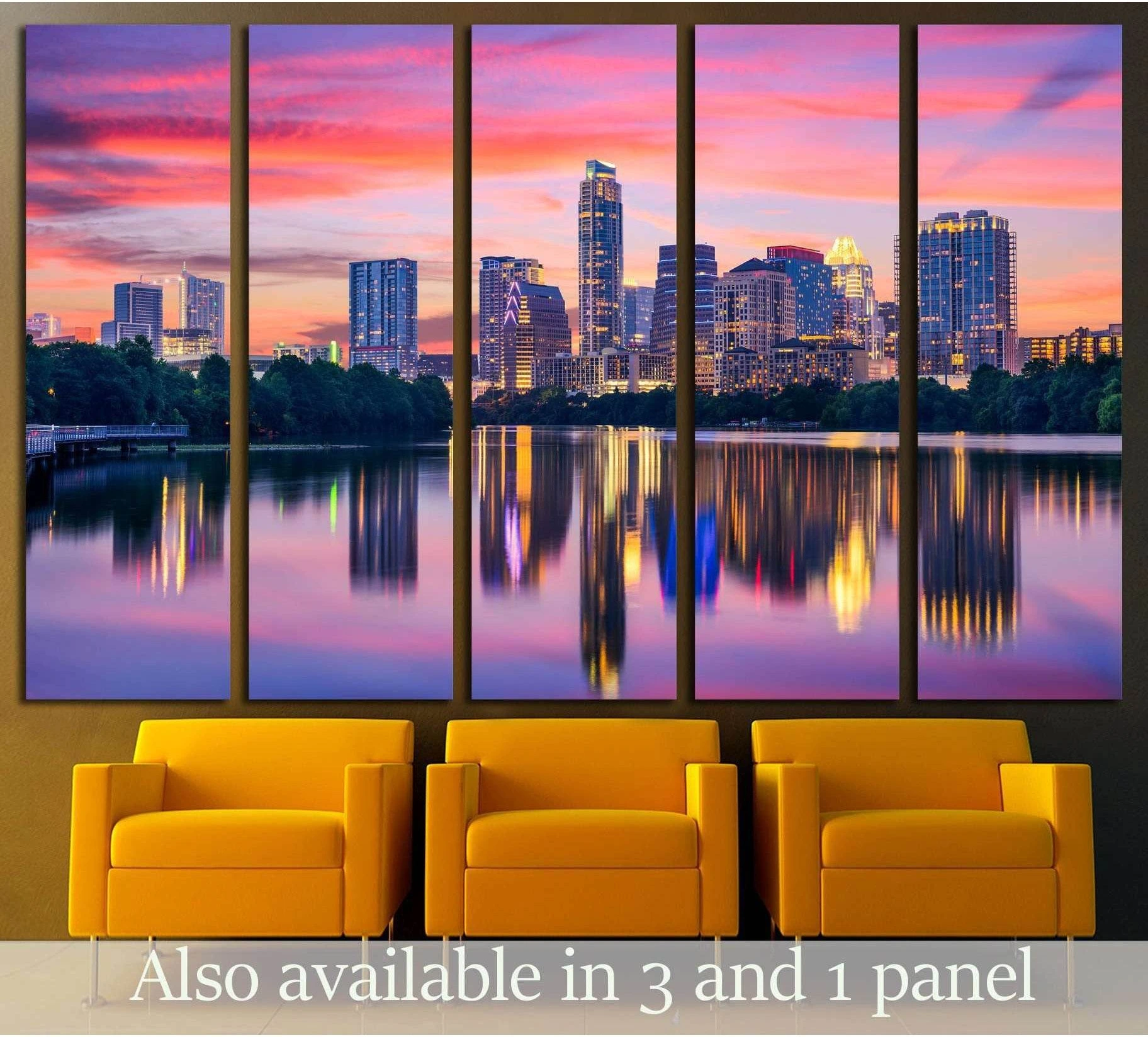 Austin skyline canvas print over the Colorado River at pink and purple sunset, shown in a modern room