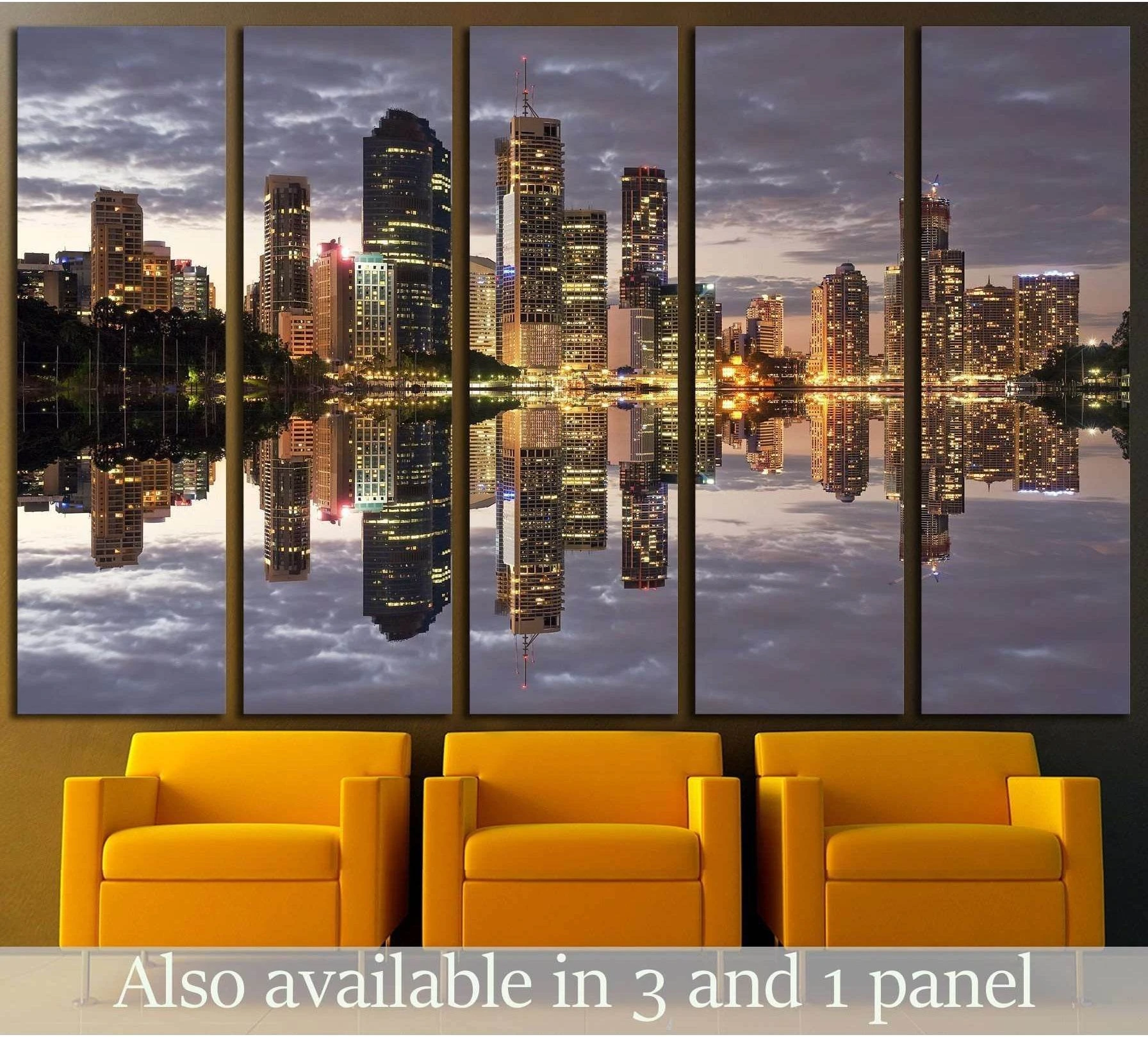 Brisbane skyline canvas print with river reflections at night, displayed in a modern office lounge