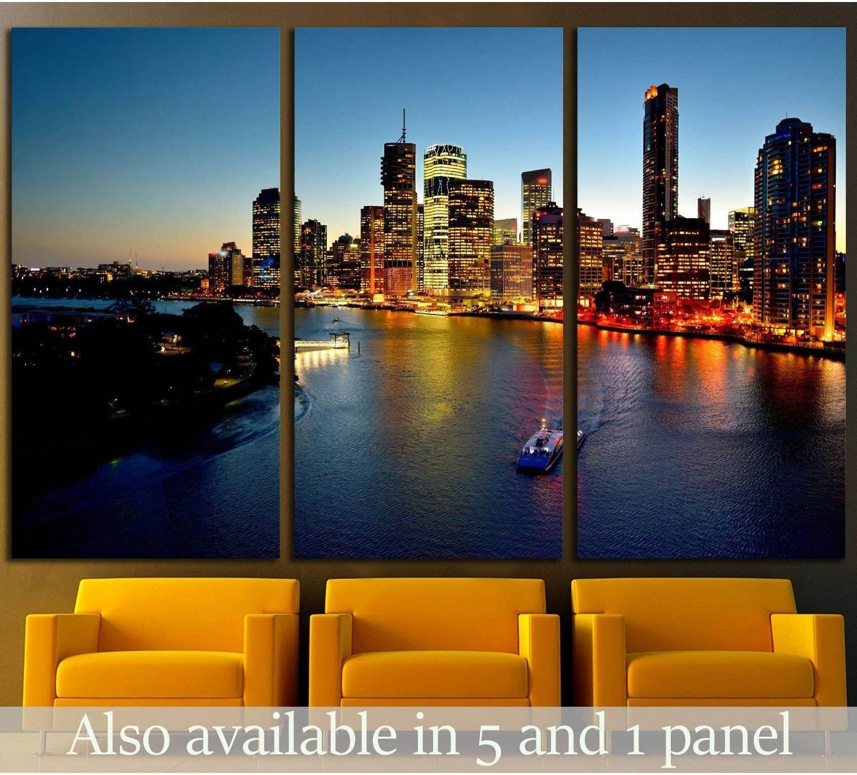 Brisbane skyline canvas print at dusk above yellow chairs in a modern office lobby