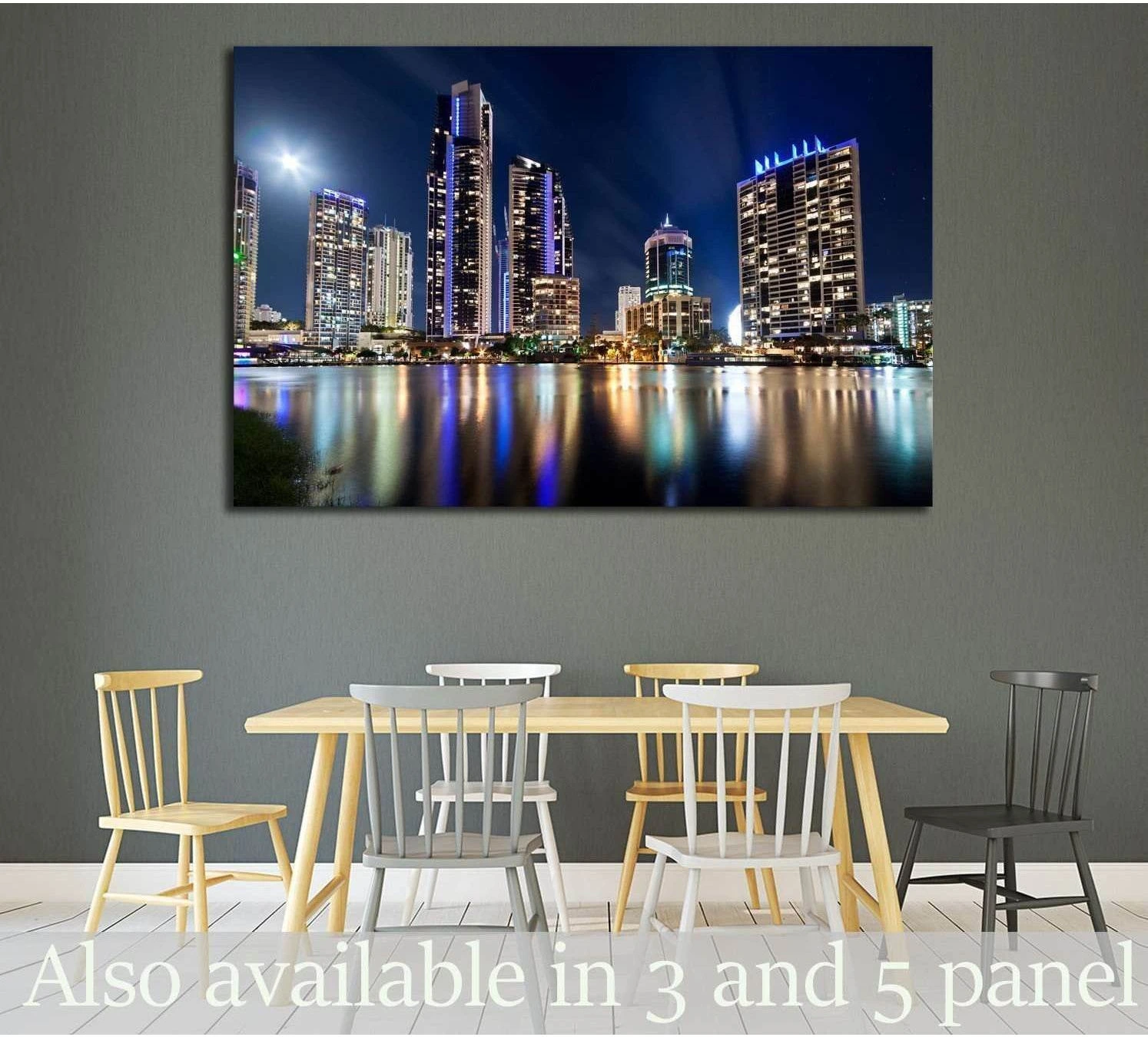 Gold Coast night skyline canvas print with illuminated towers and water reflections above a dining table