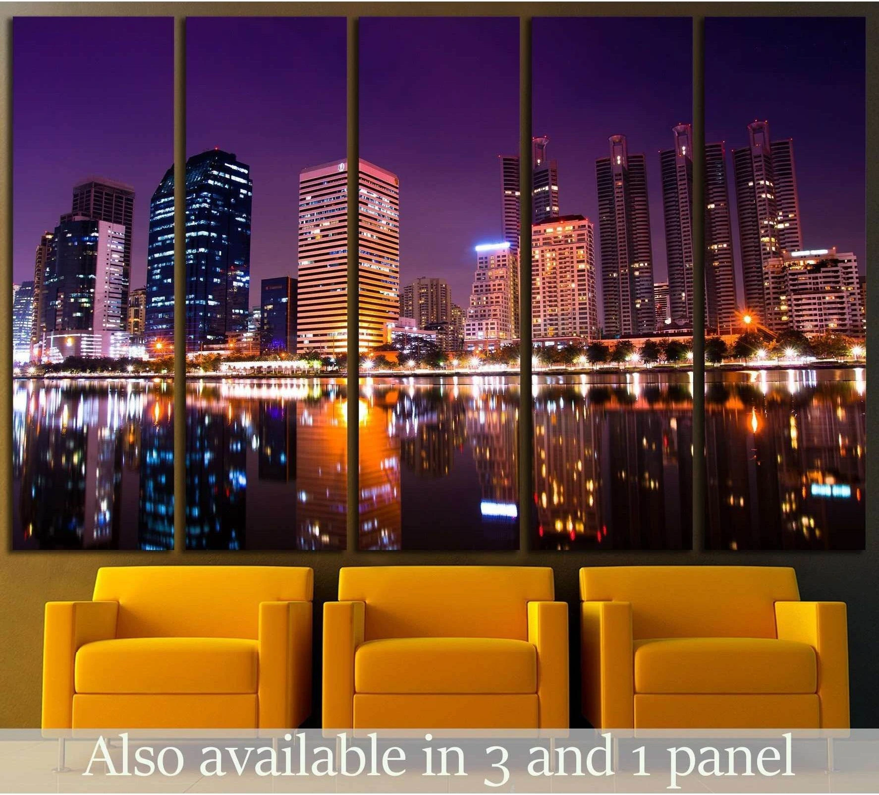 Gold Coast skyline canvas print with purple night sky and water reflections above yellow chairs