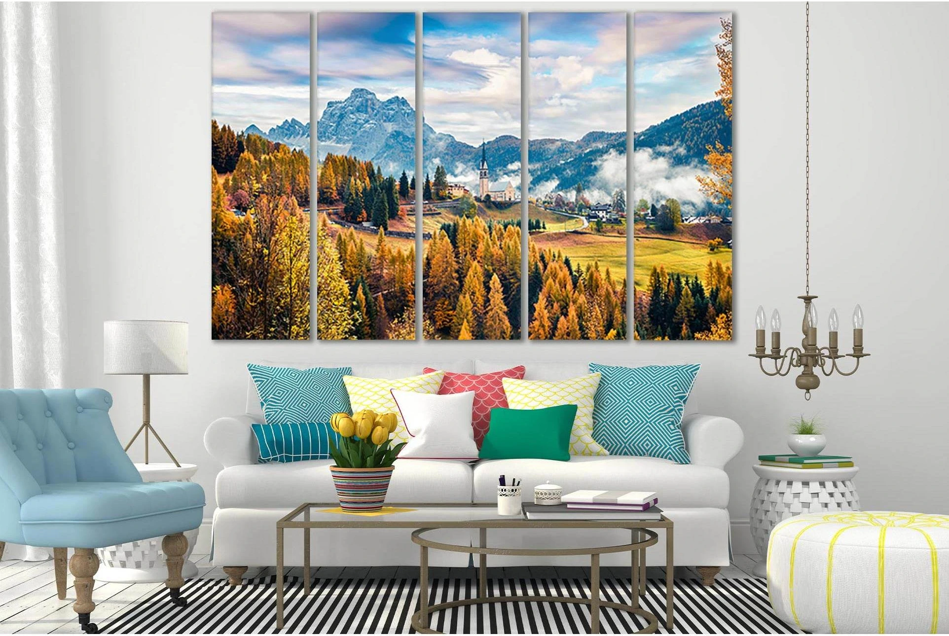 Autumn Church Parrocchia Di Selva Cadore №SL646 Ready to Hang Canvas Print - Zellart Canvas Prints 0new, ALL_Products, Autumn Wall Art