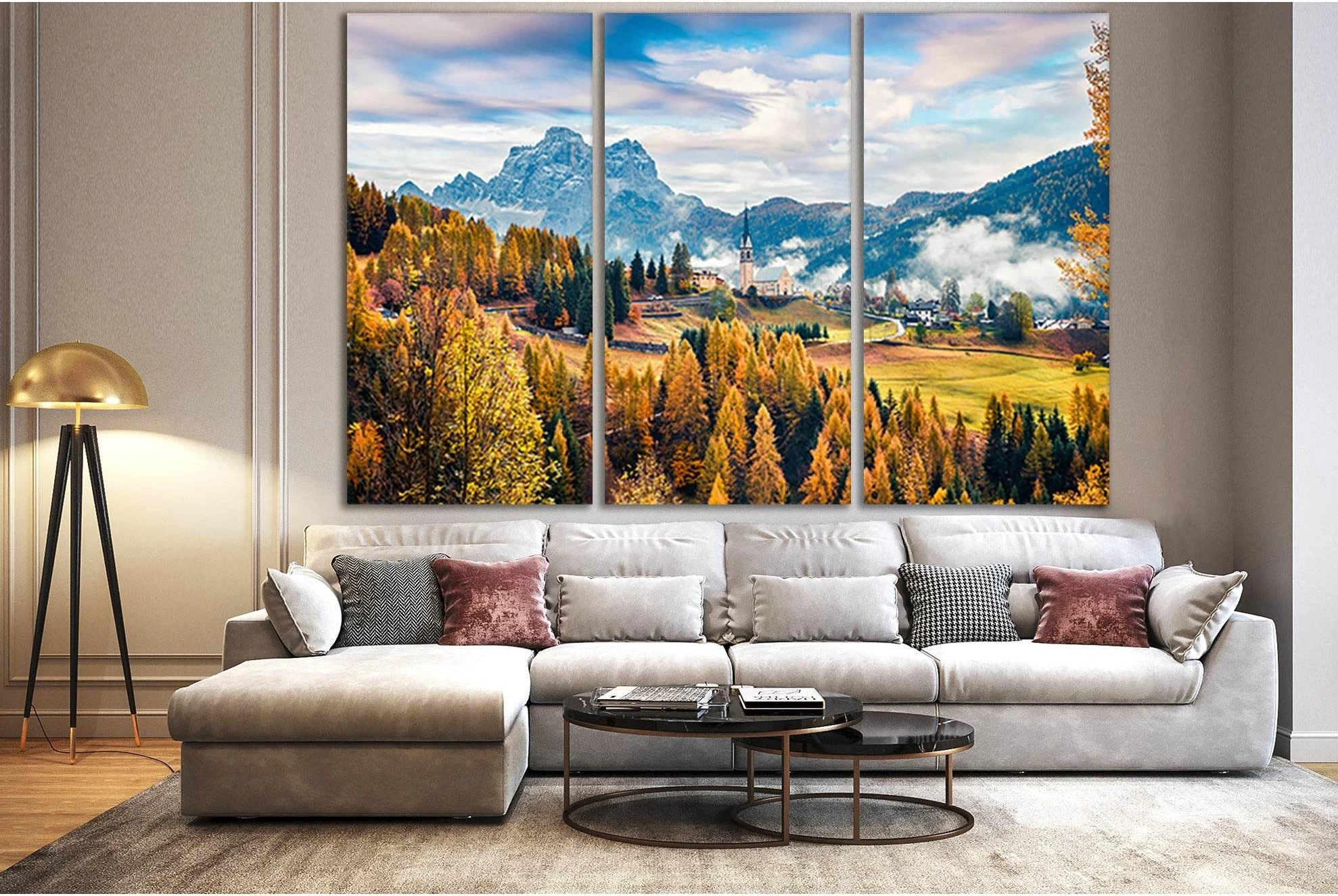 Autumn Church Parrocchia Di Selva Cadore №SL646 Ready to Hang Canvas Print - Zellart Canvas Prints 0new, ALL_Products, Autumn Wall Art
