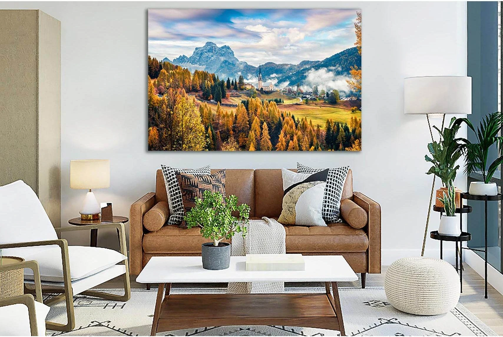 Autumn Church Parrocchia Di Selva Cadore №SL646 Ready to Hang Canvas Print - Zellart Canvas Prints 0new, ALL_Products, Autumn Wall Art