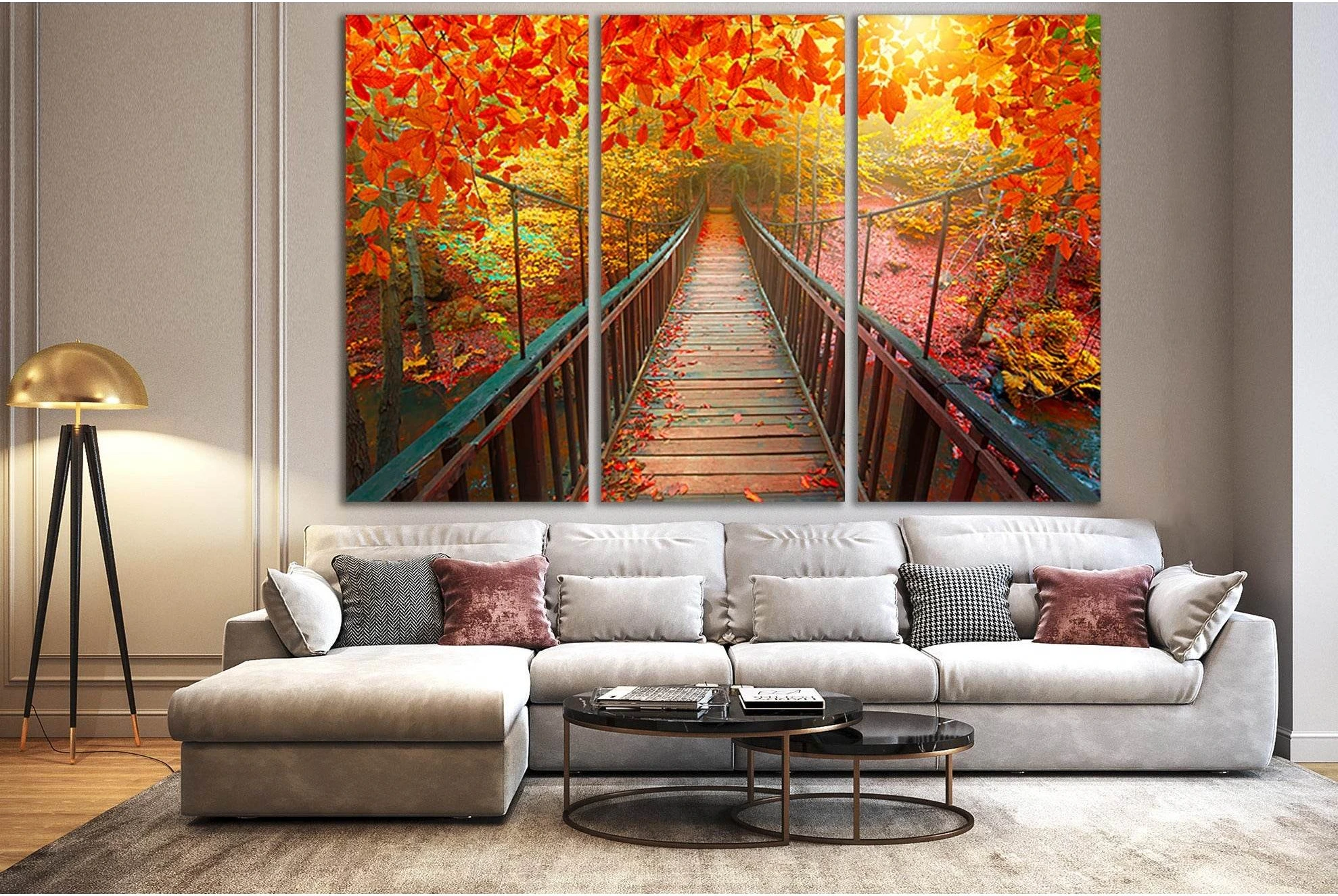 Autumn View With Wooden Bridge №SL616 Ready to Hang Canvas Print - Zellart Canvas Prints 0new, ALL_Products, Autumn Wall Art