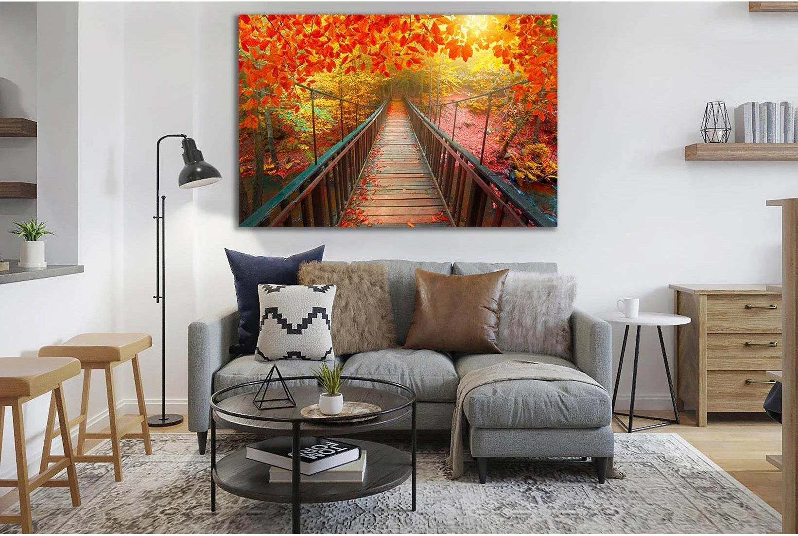 Autumn View With Wooden Bridge №SL616 Ready to Hang Canvas Print - Zellart Canvas Prints 0new, ALL_Products, Autumn Wall Art