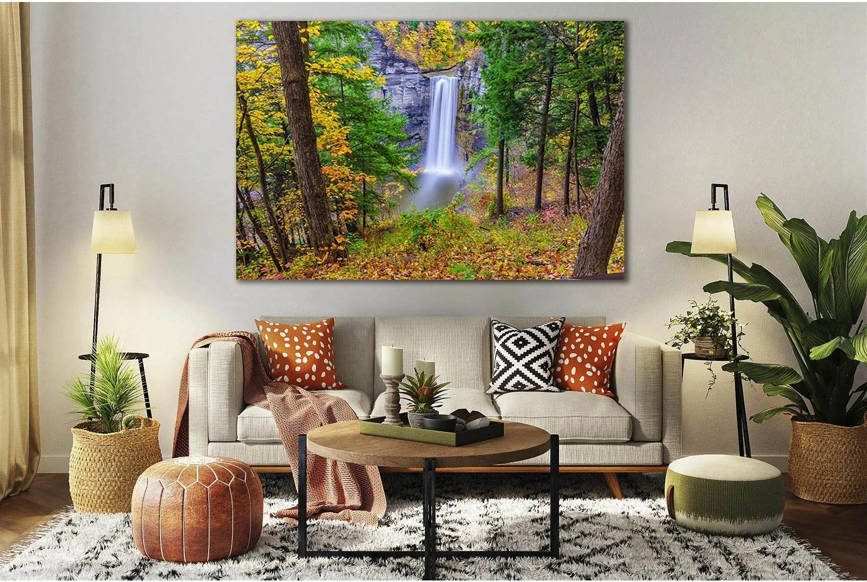 Autumn Waterfall In The Forest №SL450 Ready to Hang Canvas Print - Zellart Canvas Prints 0new, ALL_Products, Waterfall, Waterfall Wall Art