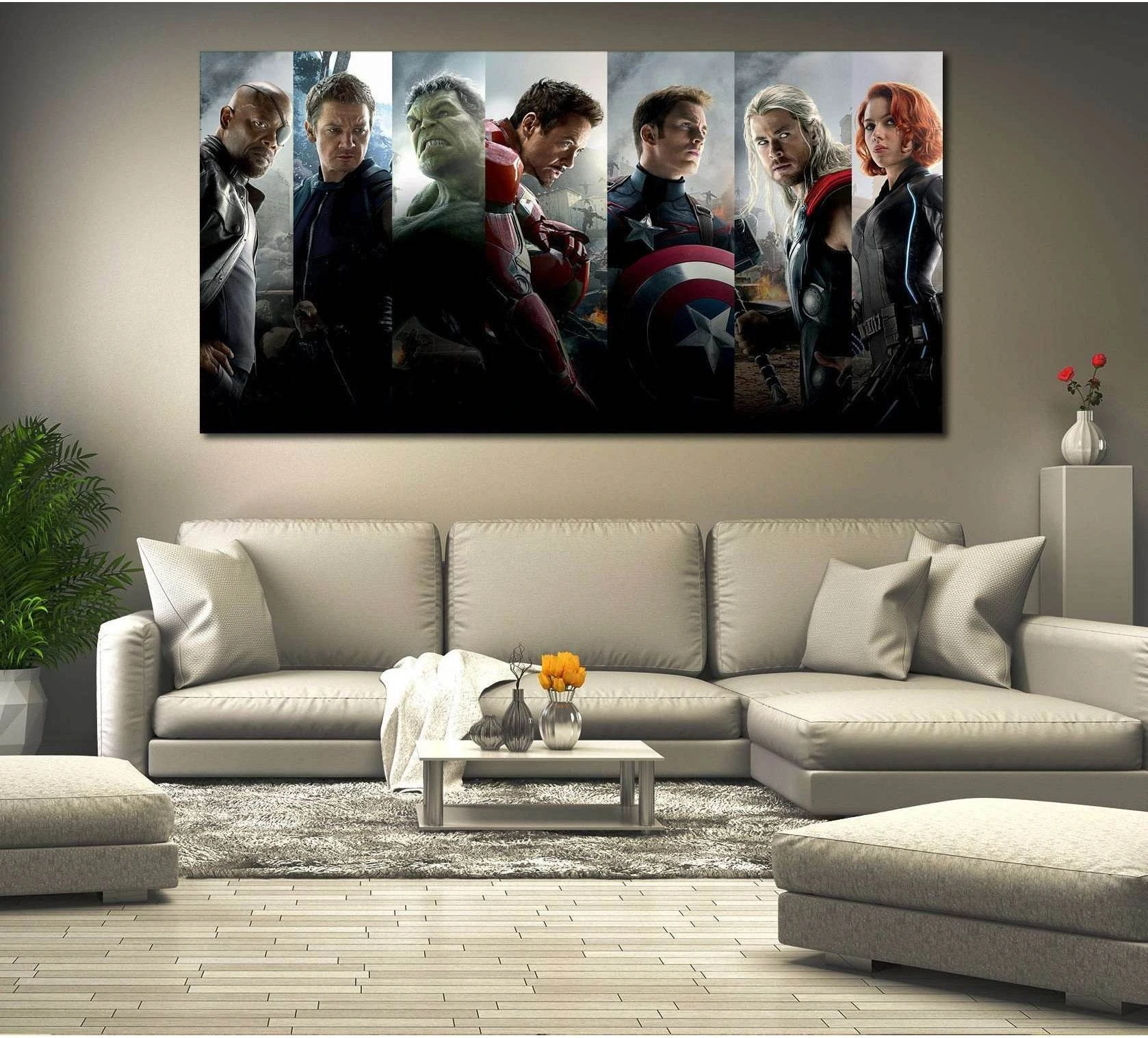 Avengers canvas print with Marvel heroes lineup displayed above a sofa in a modern living room