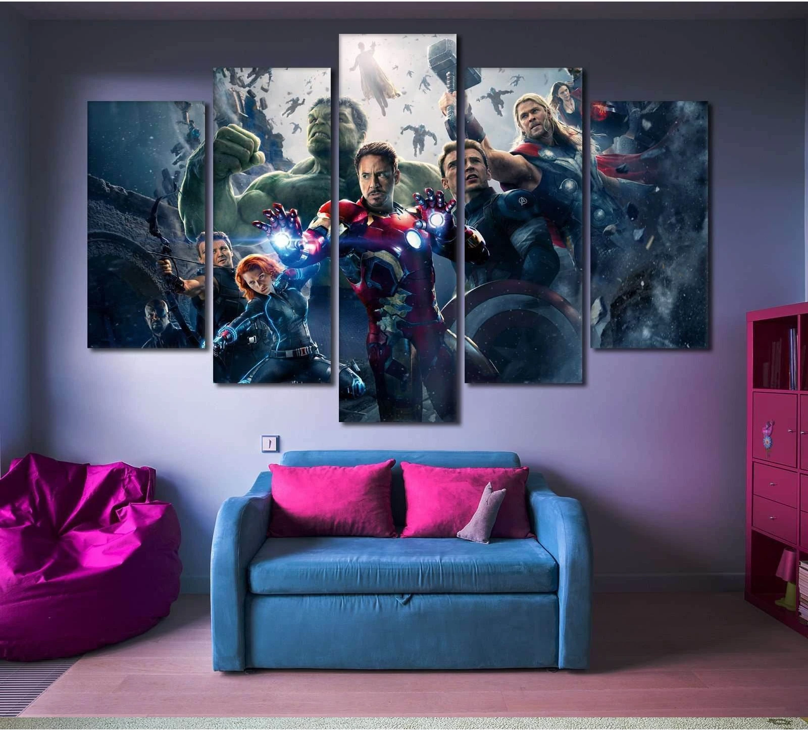 Avengers canvas print with Iron Man, Thor, Hulk and Captain America hung above a blue sofa in a colorful room