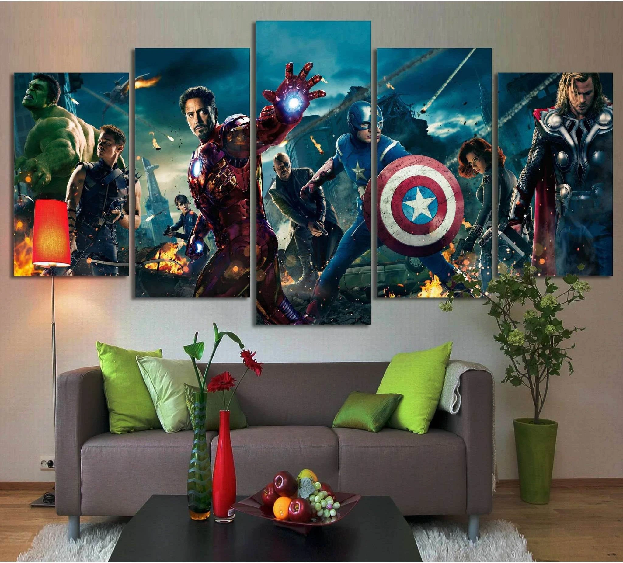 Avengers multi-panel canvas print with Hulk, Iron Man, Captain America, and Thor above a sofa