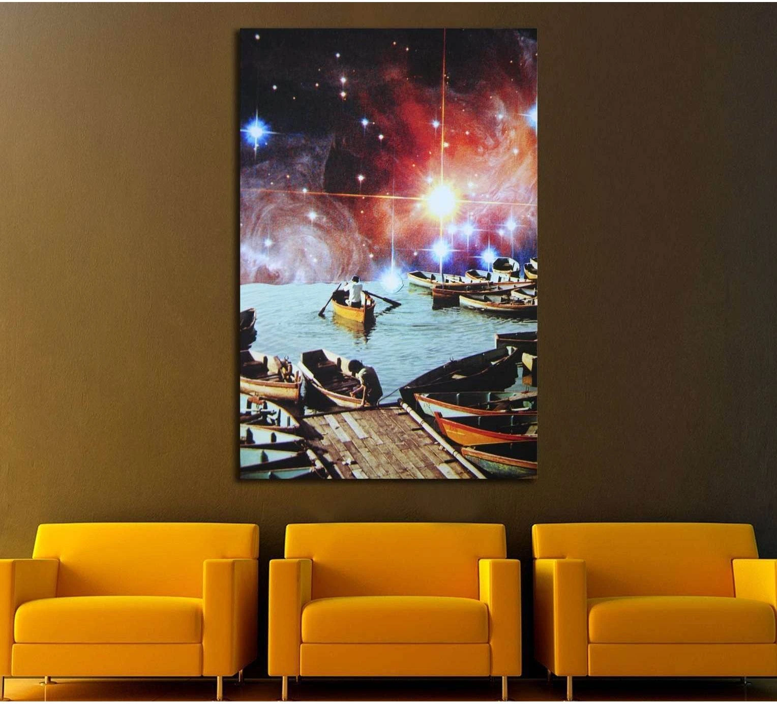 Surreal harbor canvas print with small boats, dock, and glowing nebula sky above calm water