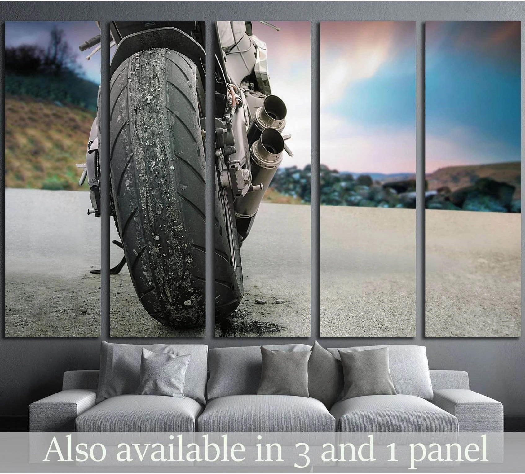 Motorbike rear tire canvas print hung above a sofa in a modern living room mockup