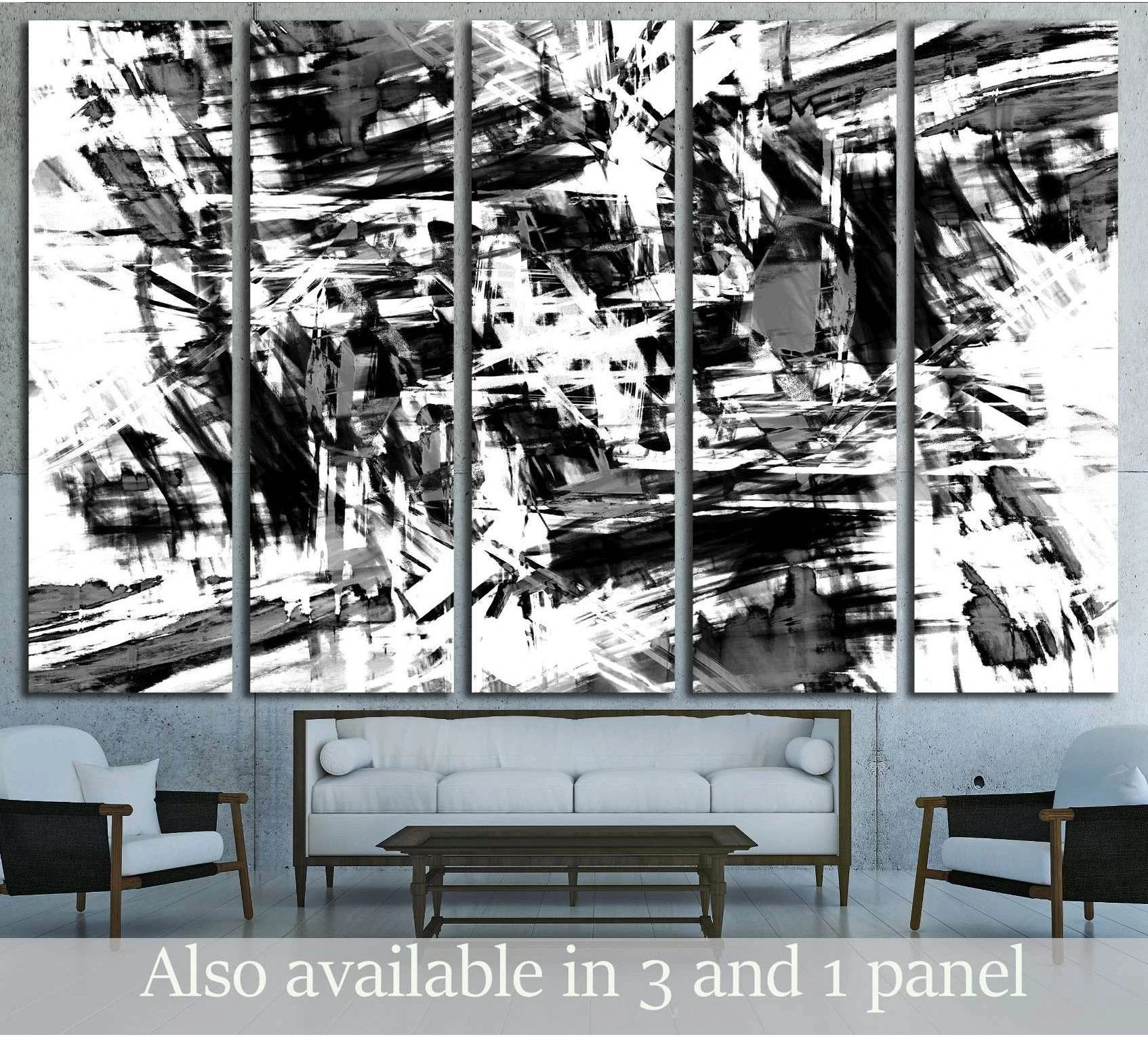 Black and white grunge canvas print with bold abstract brushstrokes above a sofa