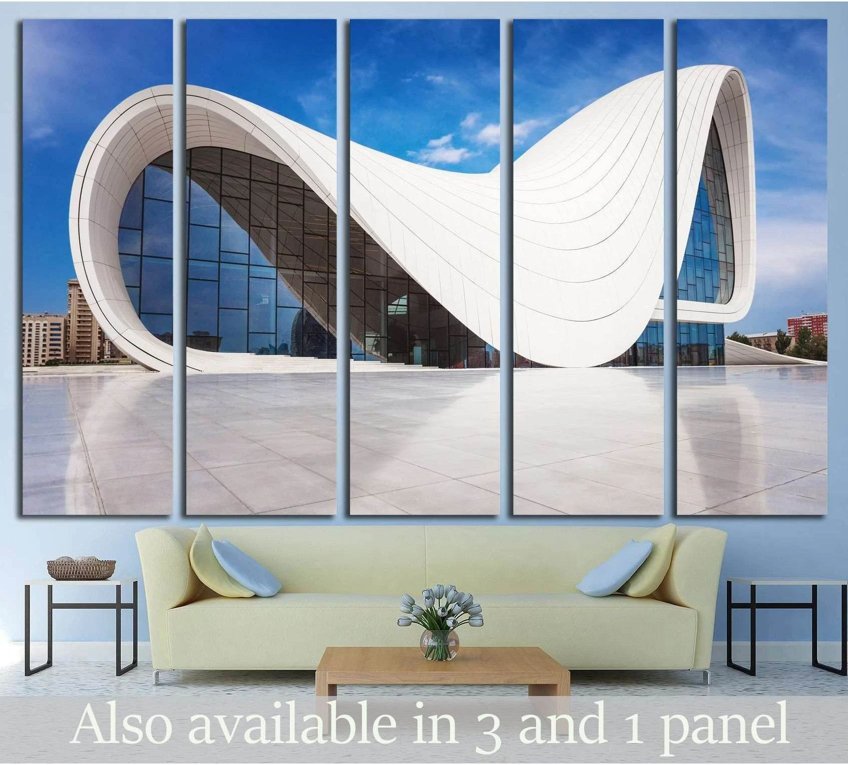 Baku Heydar Aliyev Center canvas print displayed above sofa in a modern living room