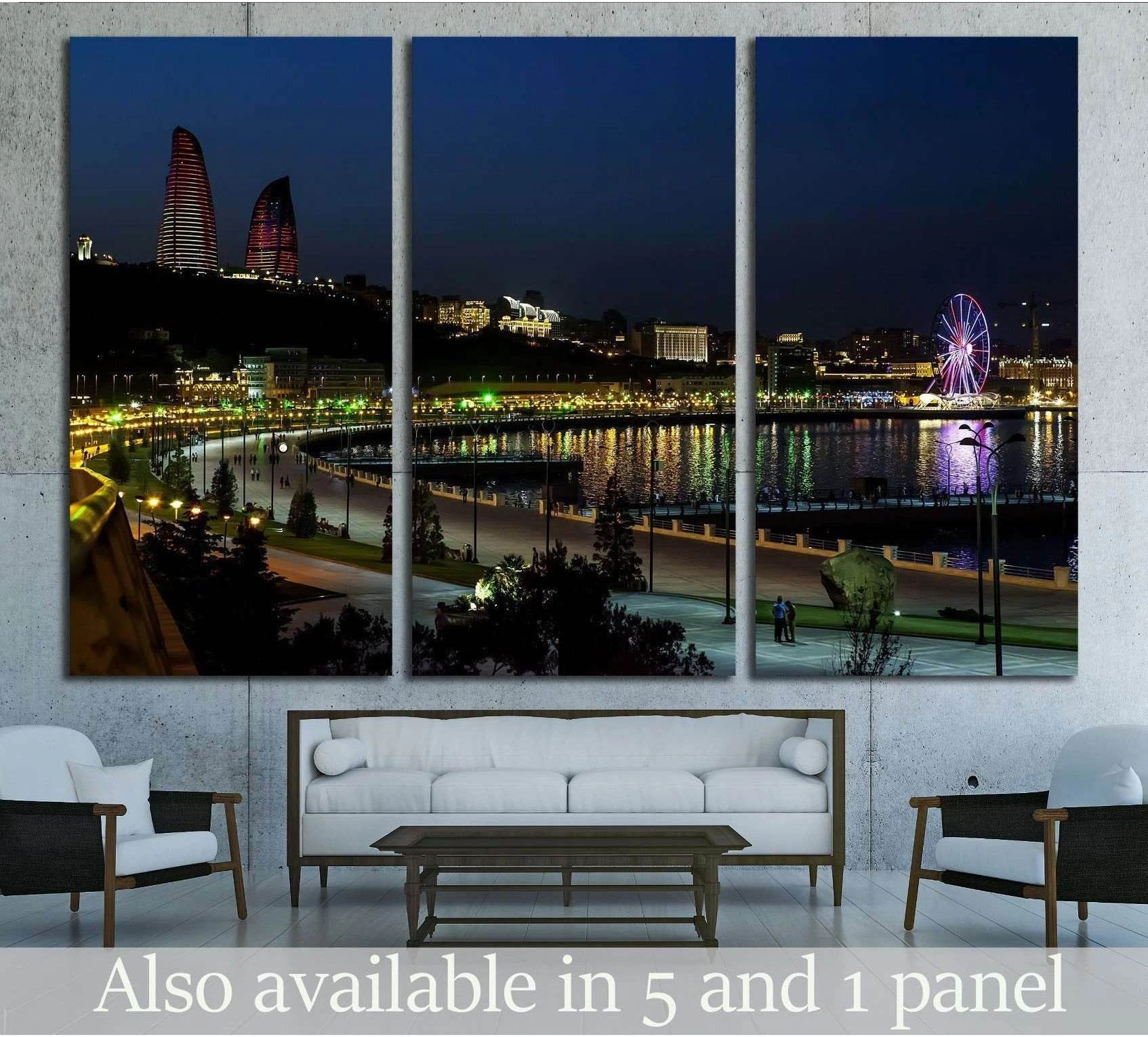 Baku night skyline canvas print with Flame Towers, waterfront reflections, and Ferris wheel above a sofa