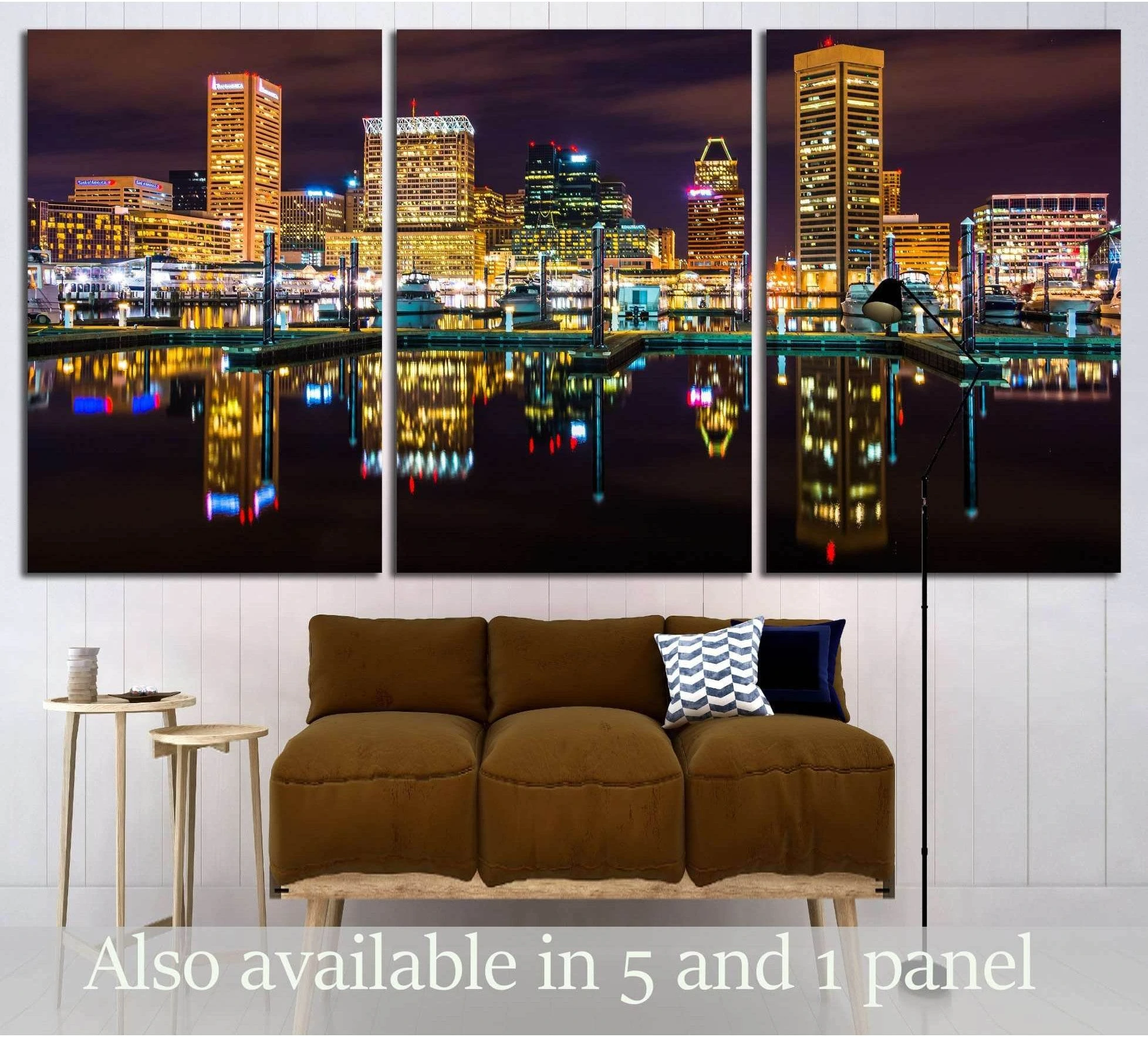 Baltimore Inner Harbor skyline canvas print at night with glowing waterfront reflections above a sofa