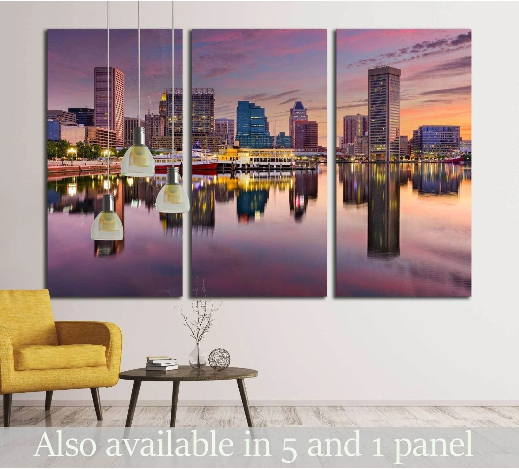 Baltimore Inner Harbor skyline triptych canvas print at sunset above a sofa in a modern living room