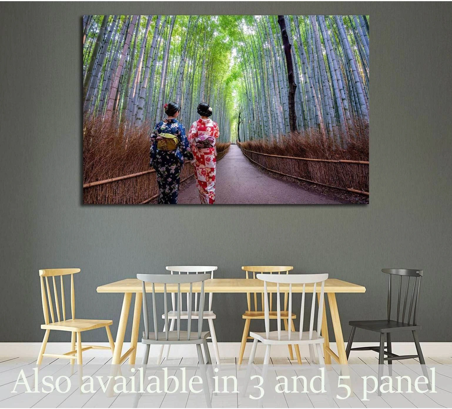 Arashiyama bamboo forest canvas print with kimono-clad women walking a Kyoto path above a dining table