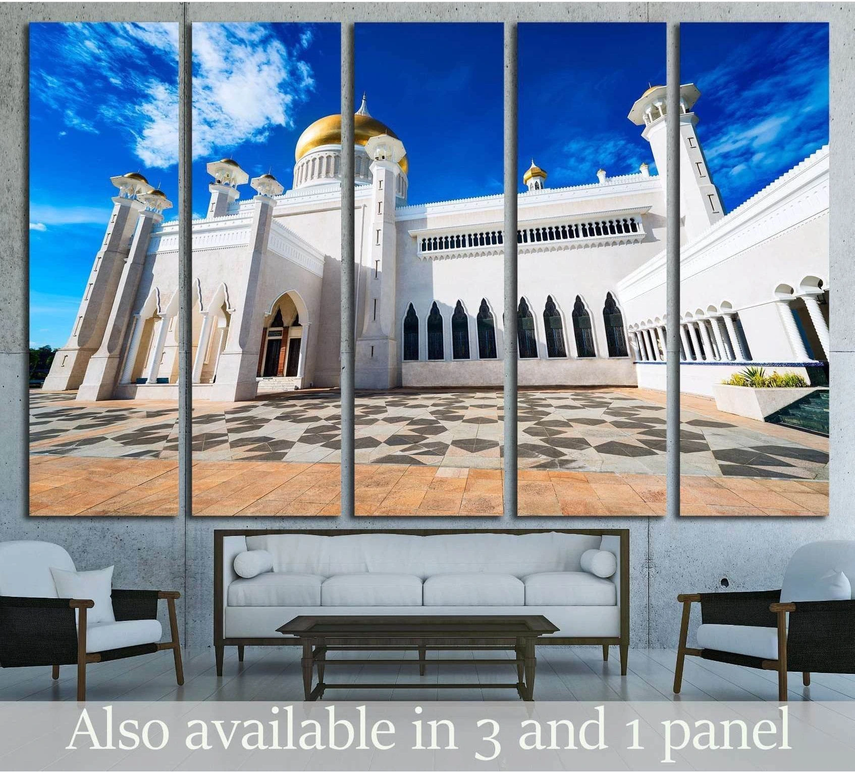 Golden-domed Brunei mosque canvas print with white arches under vivid blue sky