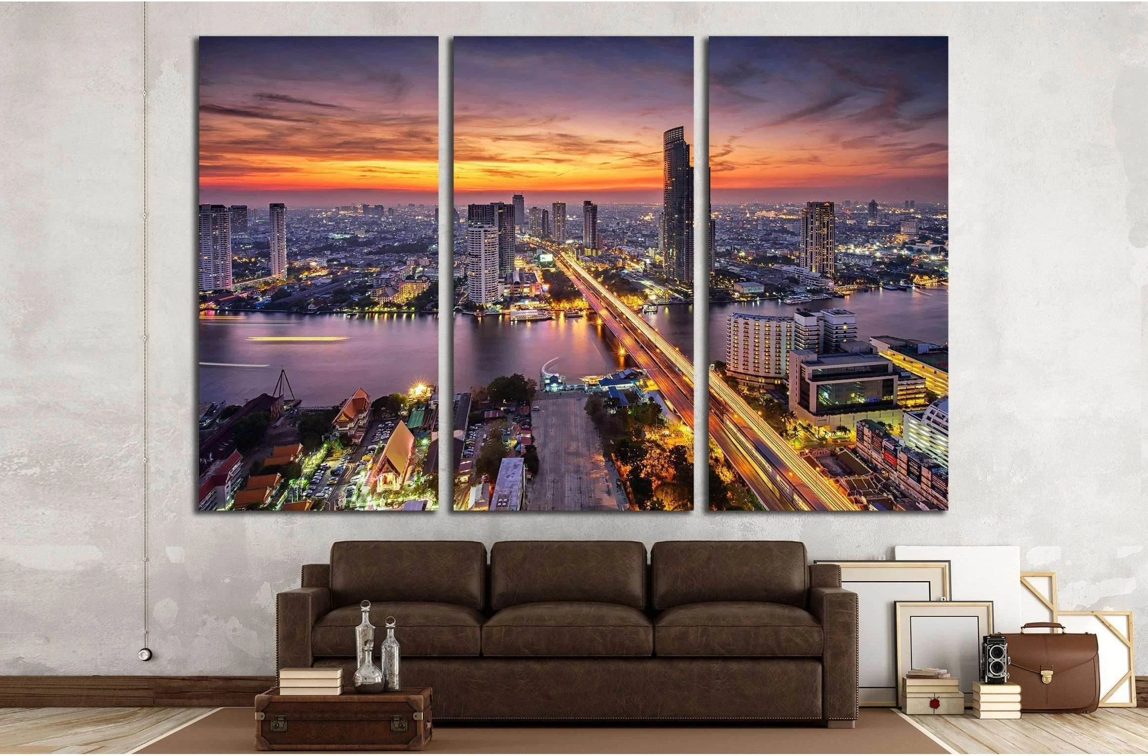 Bangkok city at sunset (Taksin Bridge) №2284 Ready to Hang Canvas Print - Zellart Canvas Prints ALL_Products, s-2284