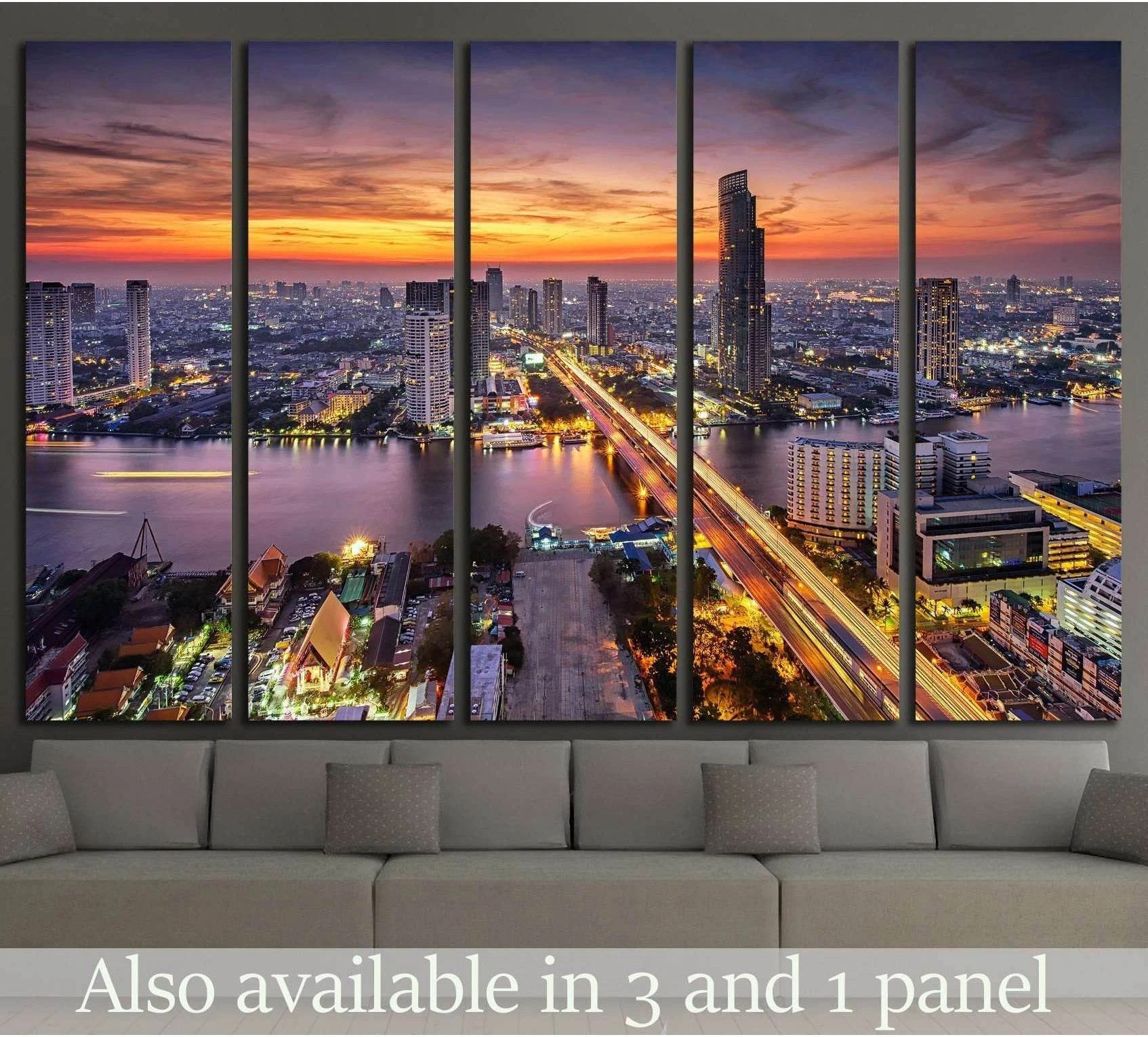 Bangkok skyline canvas print with Taksin Bridge at sunset over the Chao Phraya River