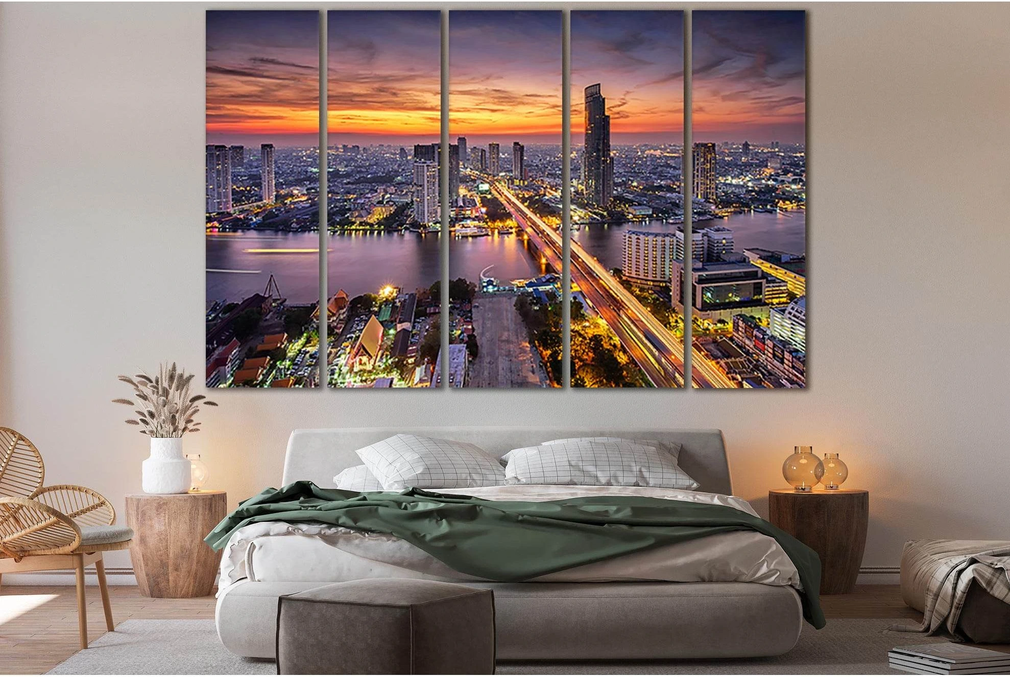 Bangkok City At Sunset Taksin Bridge №SL375 Ready to Hang Canvas Print - Zellart Canvas Prints 0new, ALL_Products, Cityscapes & Skylines