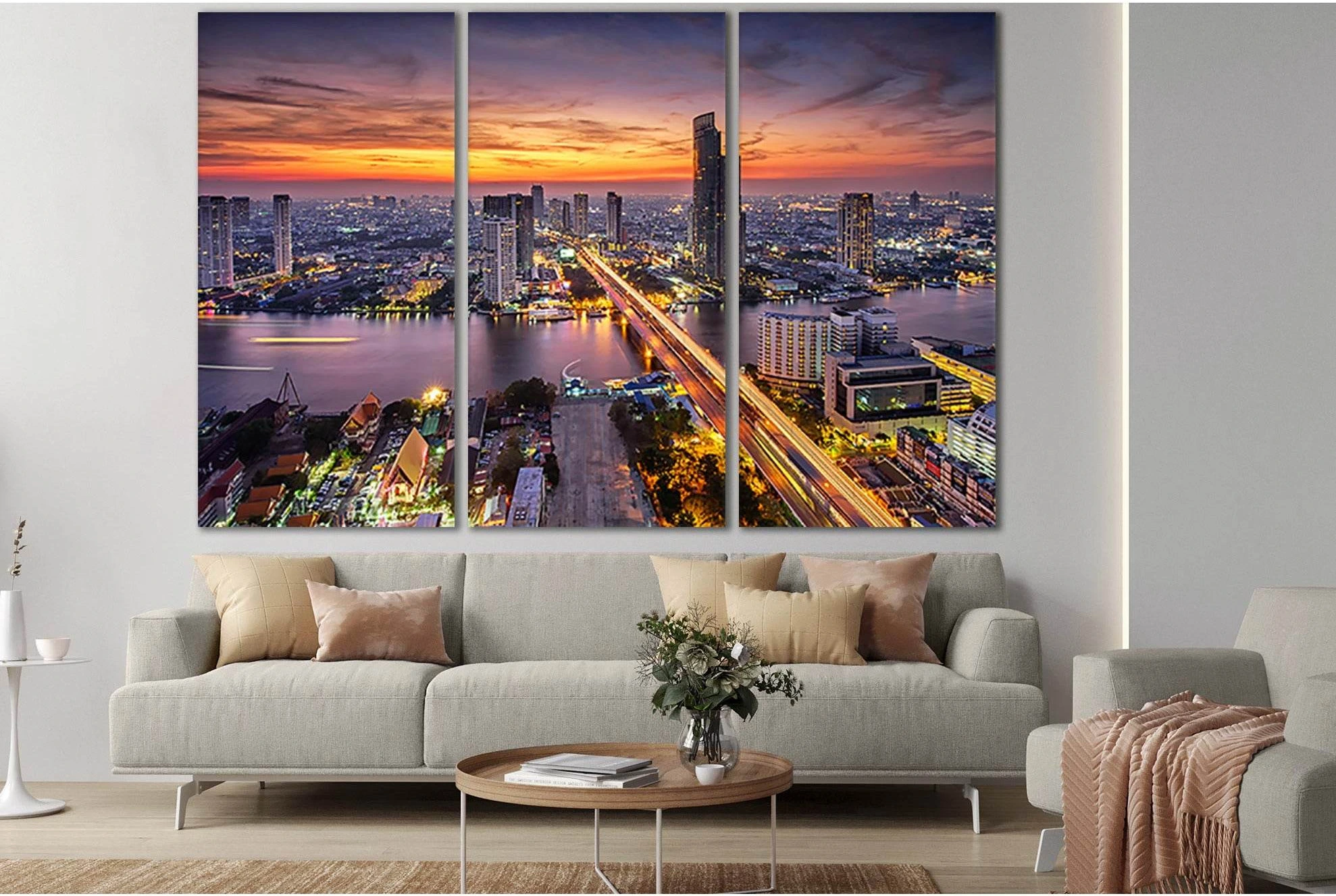 Bangkok City At Sunset Taksin Bridge №SL375 Ready to Hang Canvas Print - Zellart Canvas Prints 0new, ALL_Products, Cityscapes & Skylines