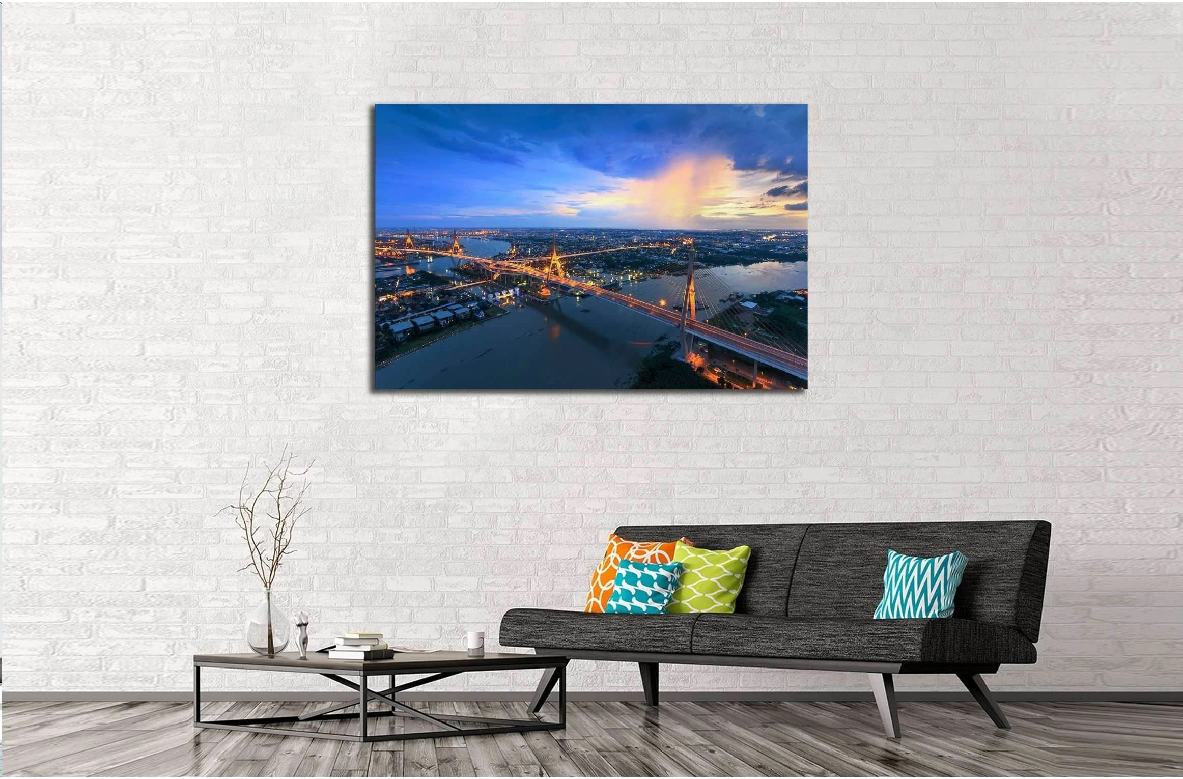 Bangkok City - Beautiful sunset view of Bhumibol Bridge in Bangkok №2963 Ready to Hang Canvas Print - Zellart Canvas Prints ALL_Products, s-2963