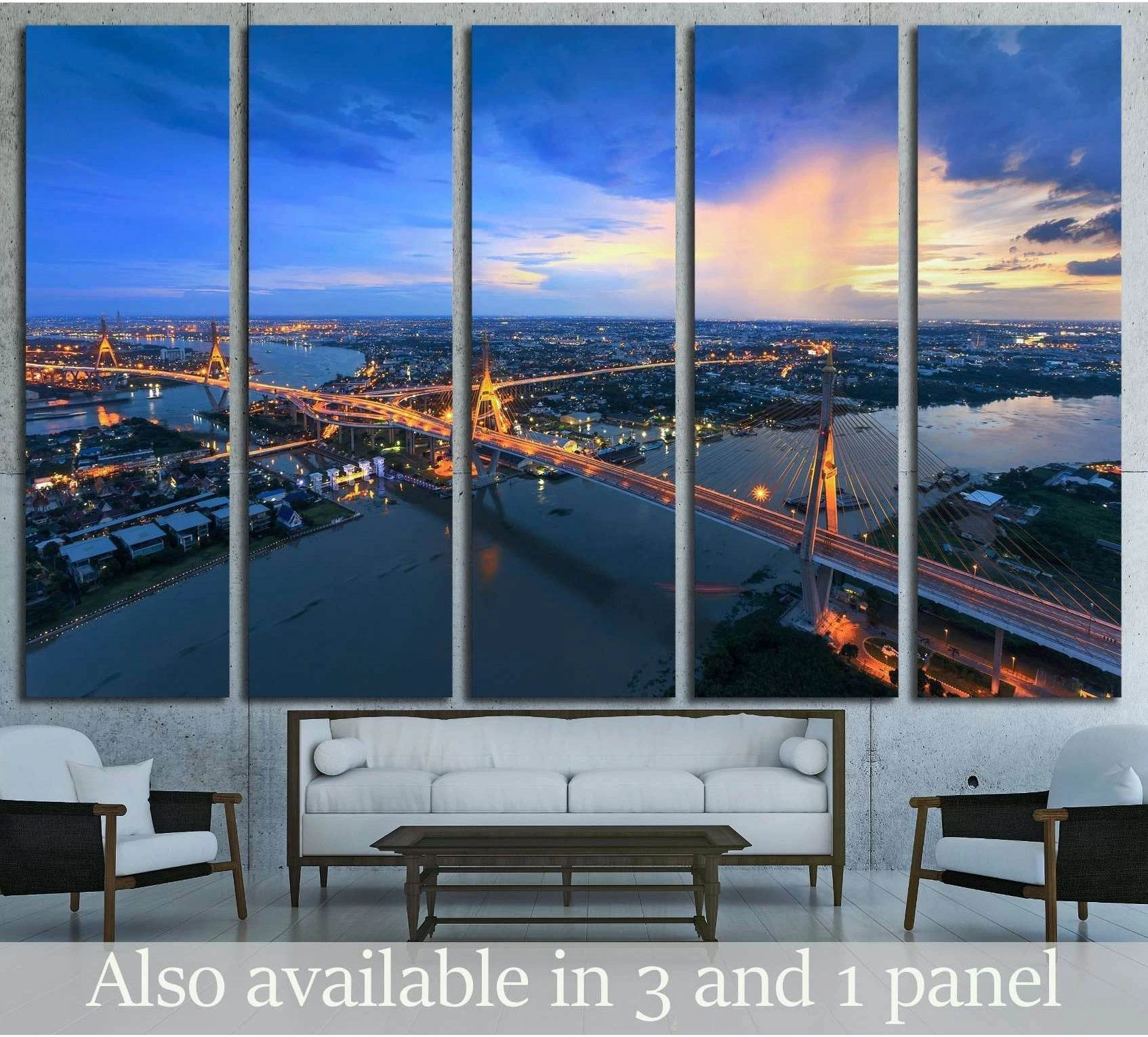Bangkok Bhumibol Bridge canvas print with glowing sunset skyline above a sofa in a modern living room