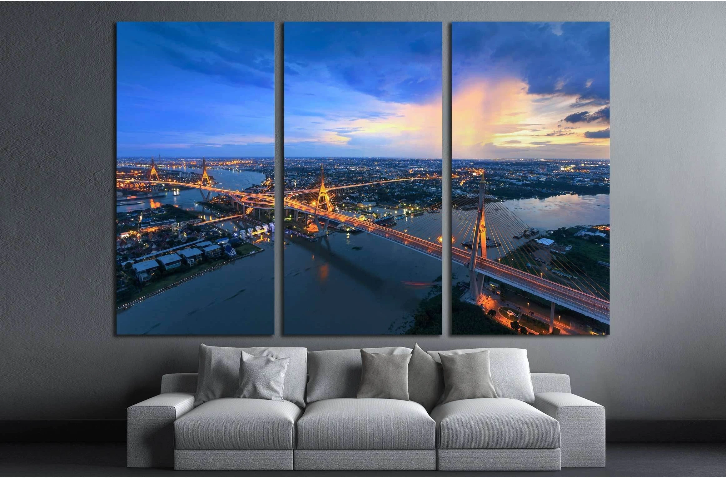 Bangkok City - Beautiful sunset view of Bhumibol Bridge in Bangkok №2963 Ready to Hang Canvas Print - Zellart Canvas Prints ALL_Products, s-2963