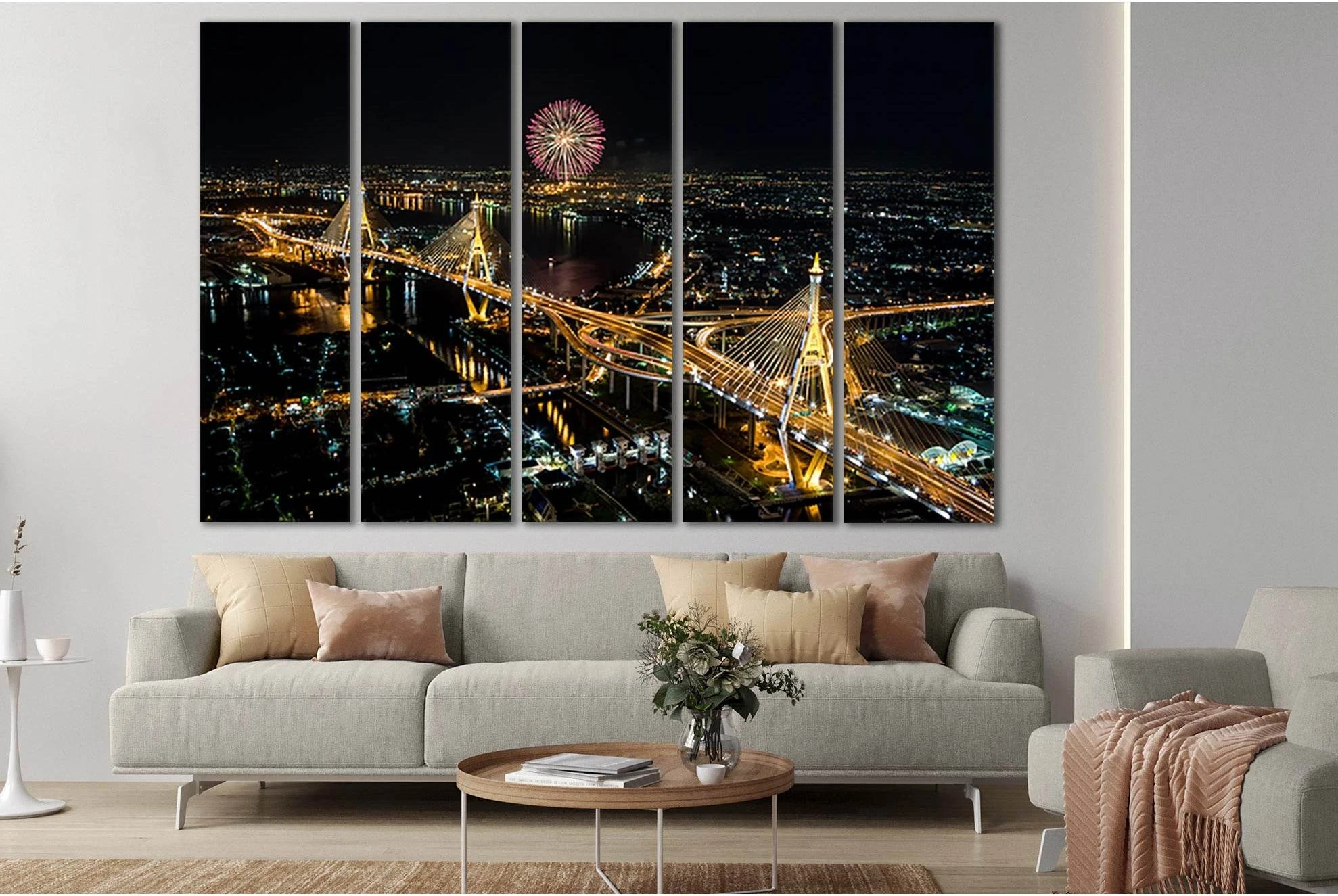 Bangkok Fireworks Night Cityscape №SL360 Ready to Hang Canvas Print - Zellart Canvas Prints 0new, ALL_Products, Cityscapes & Skylines