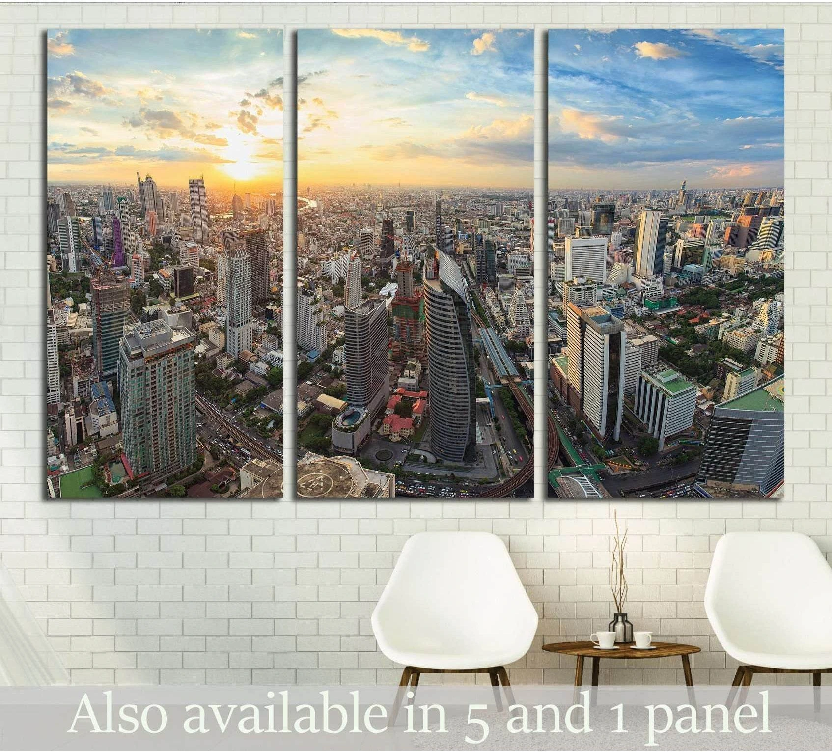Bangkok skyline sunset triptych canvas print with panoramic aerial cityscape in a modern living room